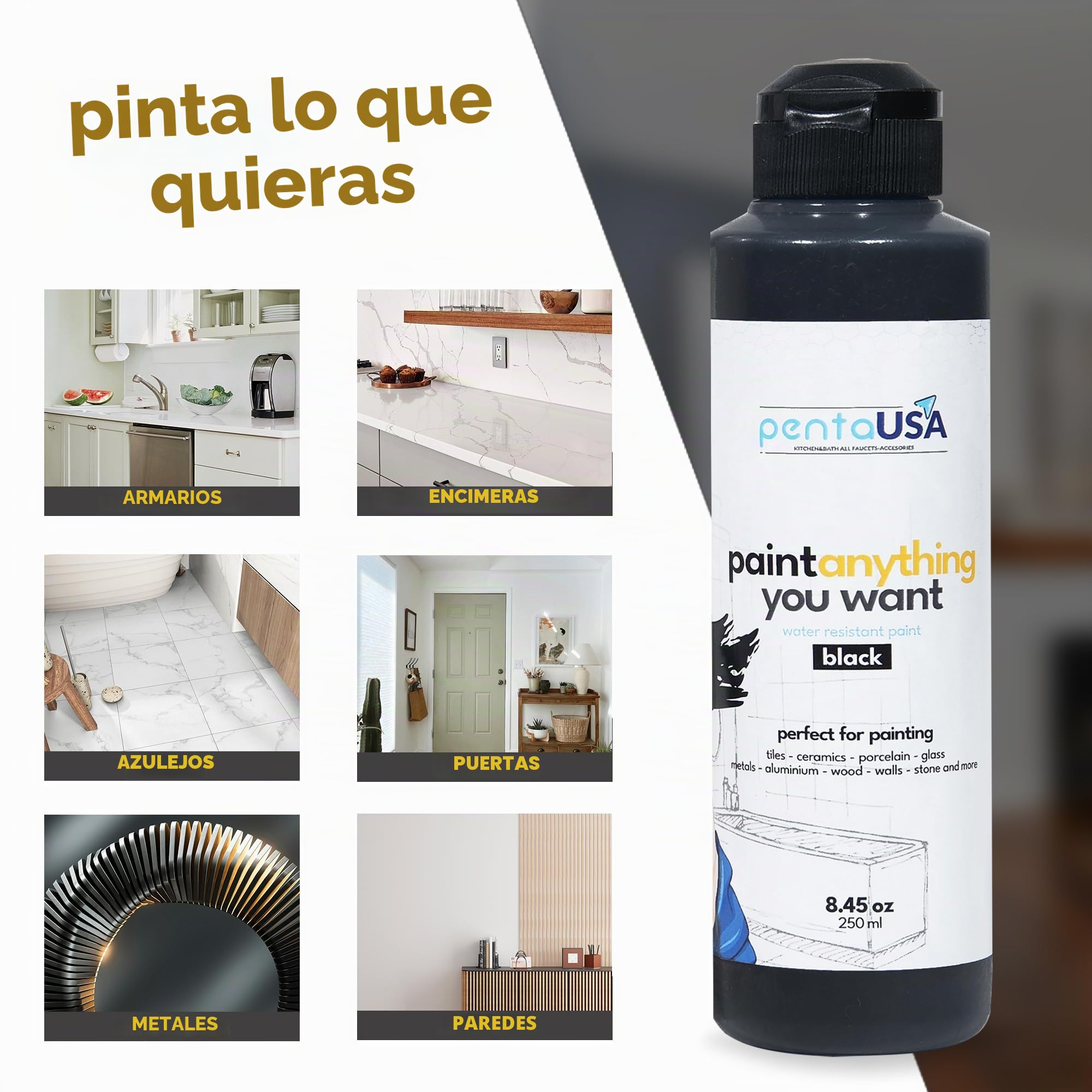 Pintura Multisuperficie - Pintura Impermeable Multiusos para Baño, Bañera, Azulejos, Lavabo, Muebles de Cocina, Encimeras, Madera, Mobiliario - Mate, 250ml (Negro)