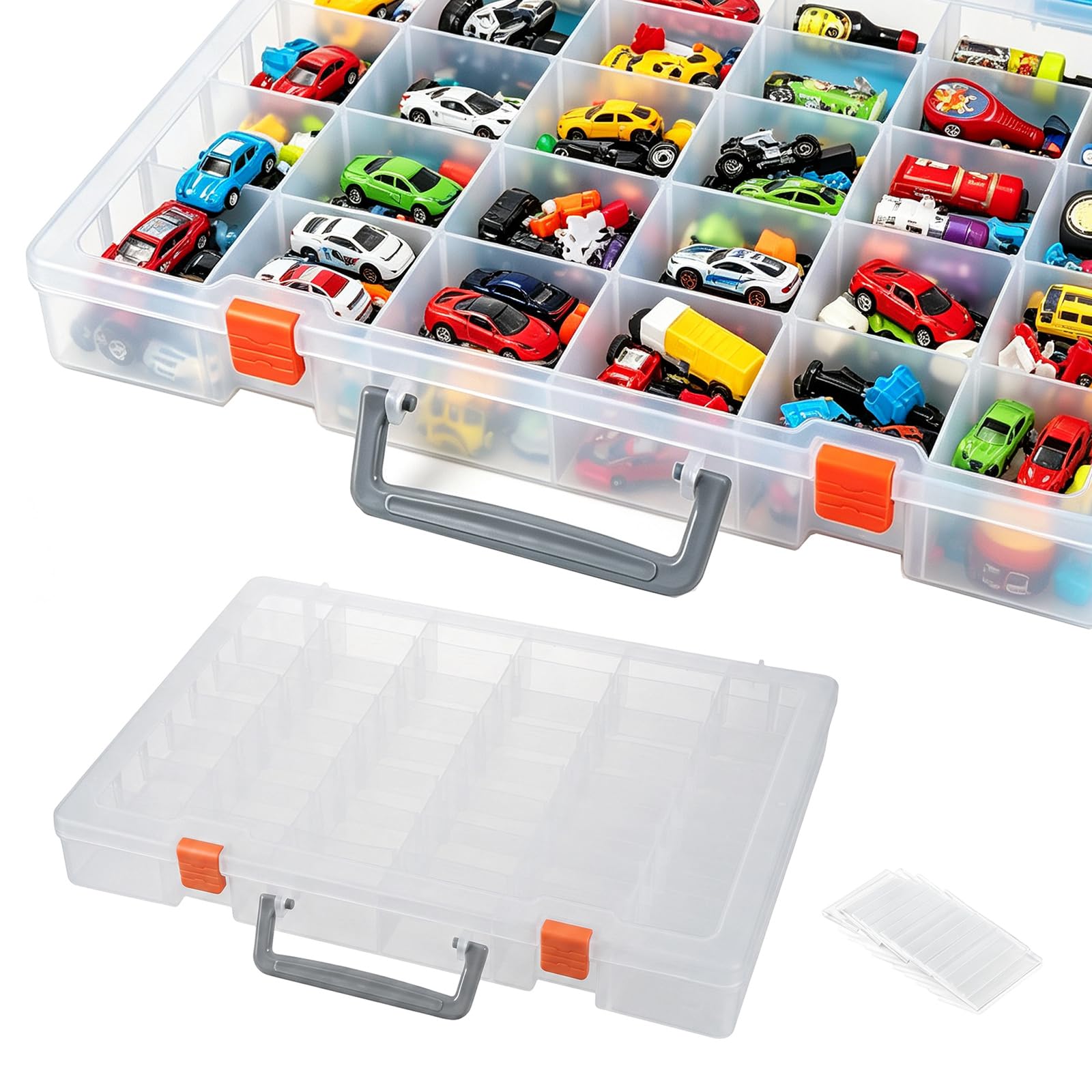 RAINPOP 48 Grids Toy Car Storage Case with Handle, Double-Sided Clear Organiser Box for Hot Wheels Matchbox Cars, Portable Craft & Bead Compartment Container with Adjustable Dividers, 36.5x27x4.5cm