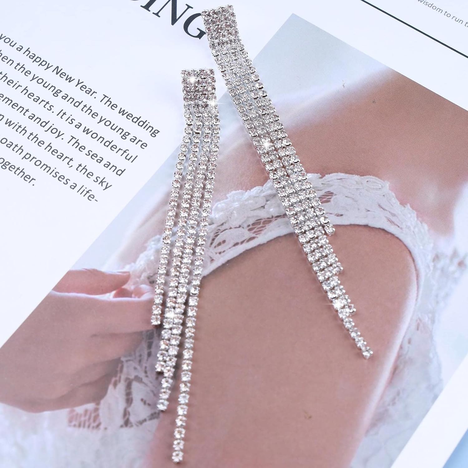 Rhinestone Tassel Earrings Silver Long Rhinestone Chain Earrings Silver Crystal Stud Earrings Long Tennis Chain Earrings Chandeliers Wedding Earrings Jewelry for Women - Image 4