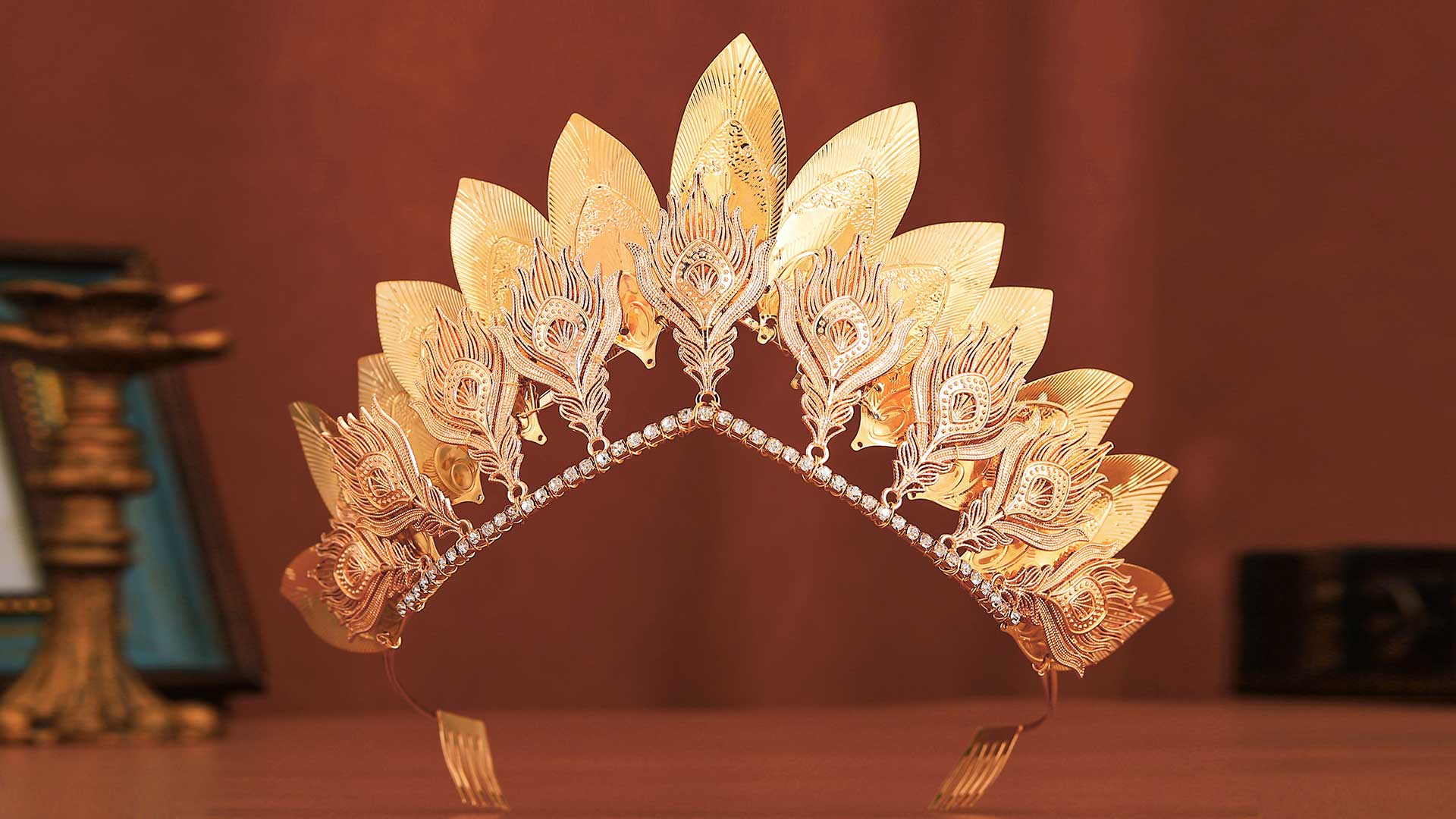 Princess Crown, Crystal Gold Crown, Beautiful Goddess Crown, Prom Headpiece Gold and Pearl Queen Crown. Golden Goddess Headpiece. Gold  main image 2