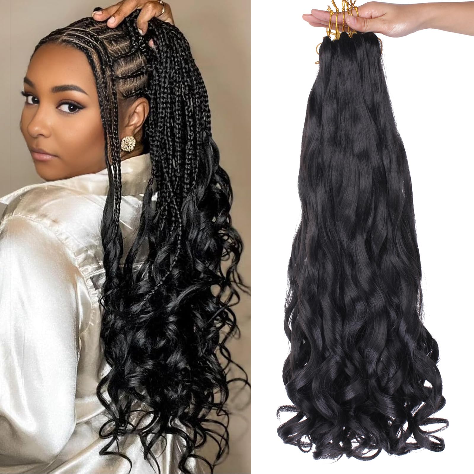 Mscat 26 Inch 8 Packs Pre Stretched French Curly Braiding Hair Loose Wave Bouncy Hair Extensions 1B#, 26 Inch (Pack of 8)