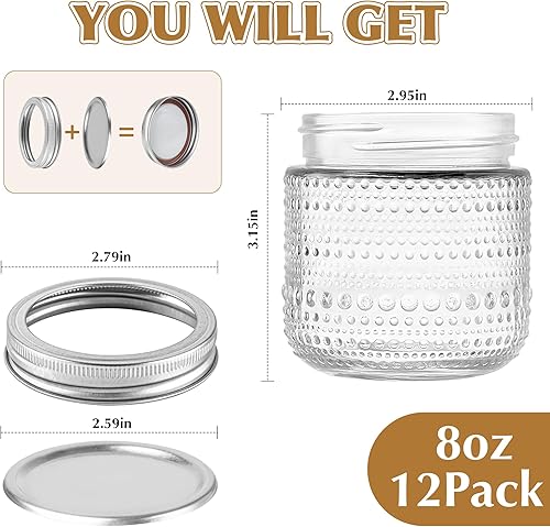 Miniatura 2 de Tarros Mason de 8 onzas con tapas, 12 paquetes, tarros de vidrio pequeños vintage con tapas de metal plateado para almacenamiento, decapado, miel,