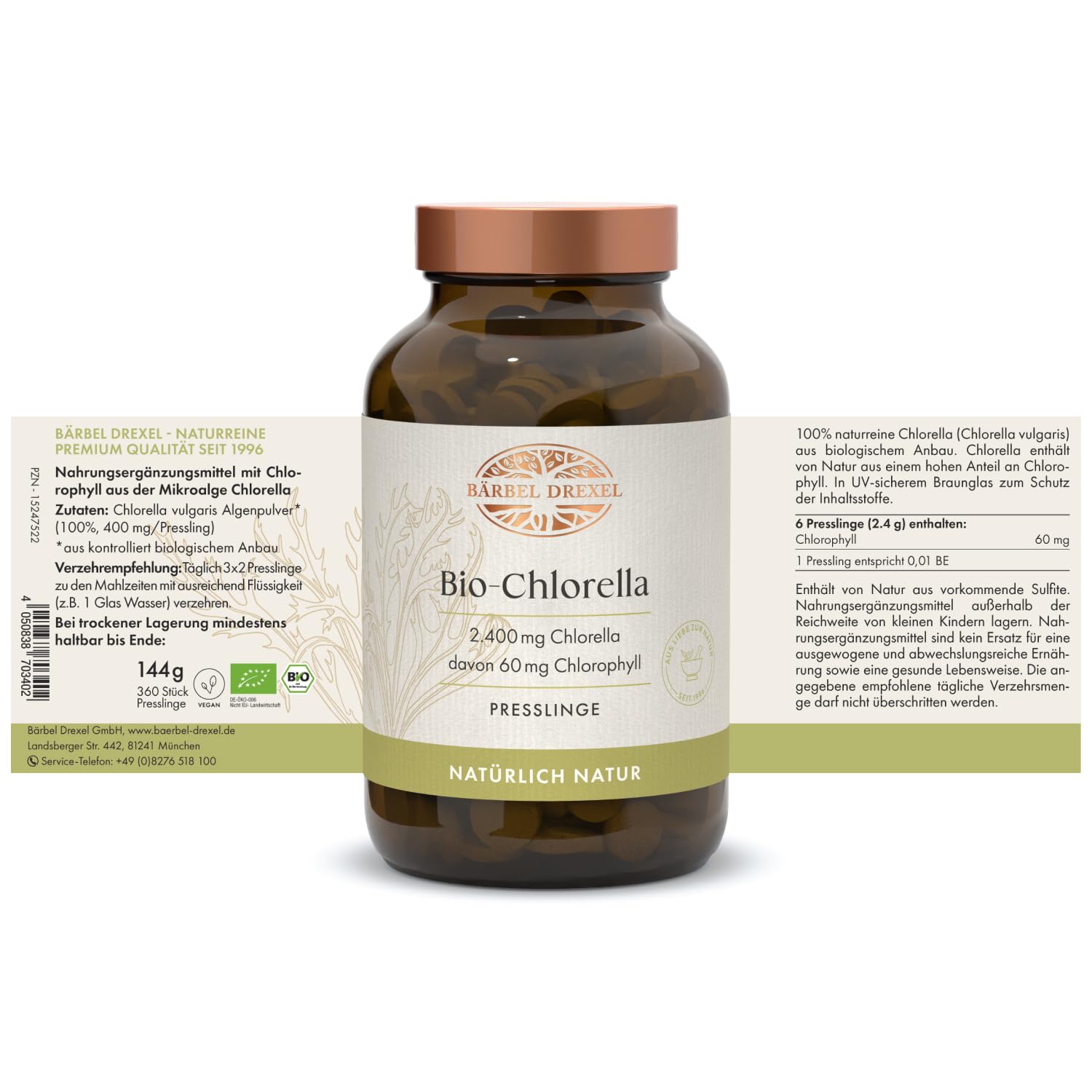 Chlorella Presslinge mit 2400 mg Algen-Pulver pro Tagesdosis ohne Zusätze, Vegan (360 Stk) 100% Vegane Herstellung Deutschland Chlorophyll Tabletten Naturheilkunde BÄRBEL DREXEL®