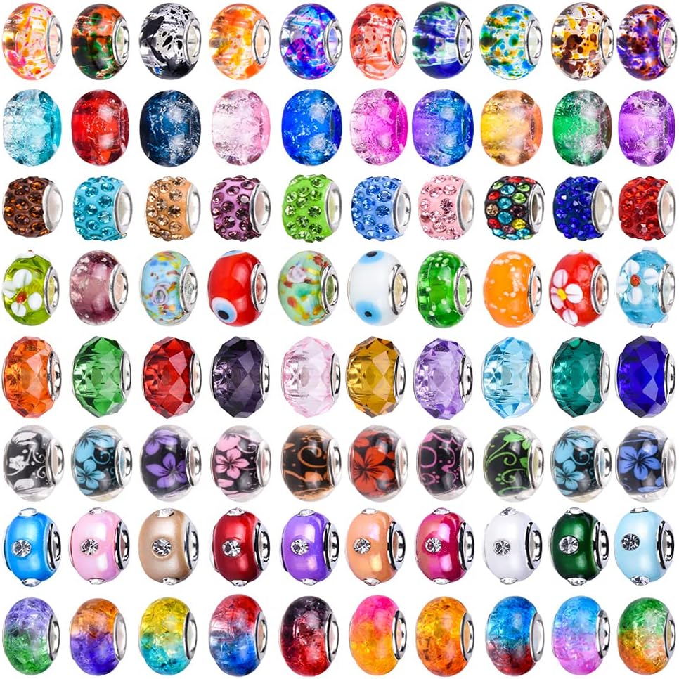 120 Pieces Assorted European Craft Beads Large Hole Lampwork Spacer Beads Colorful European Beads for DIY Necklace Bracelet Jewelry Making (Bauhinia)