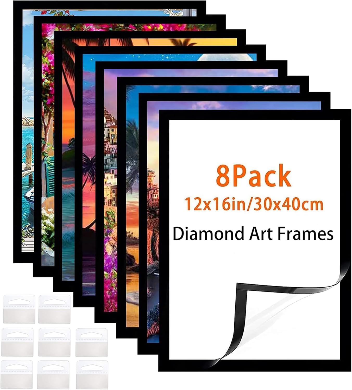 Diamond Art Frame 12x16 Inch - 8 Pack (Black) - 30x40 cm Painting Suitable for 10x14inch Picture, Diamond Frames Magnetic Self-Adhesive,Suitabble Frames Painting for Wall Window Door