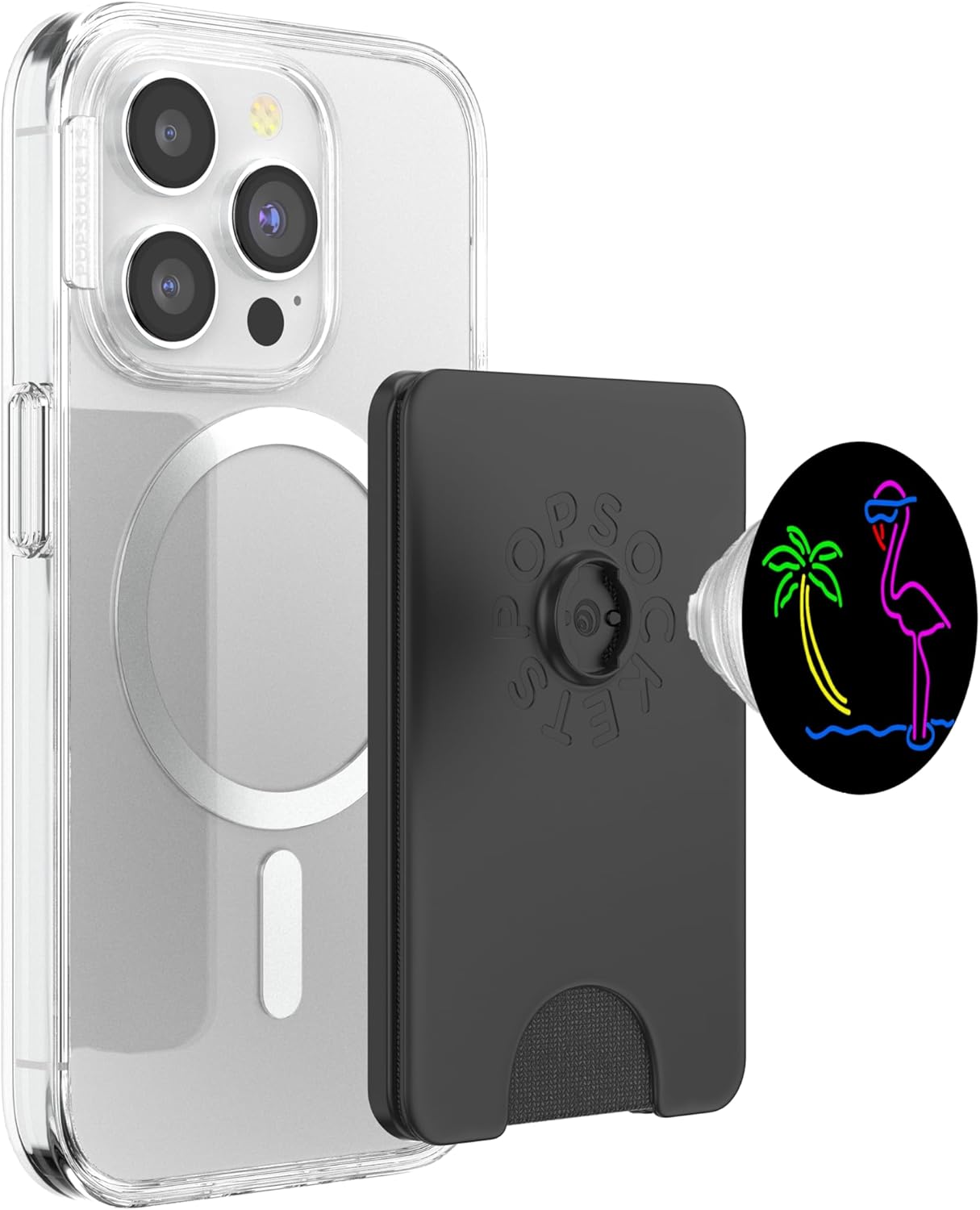 Neon, Pink Flamingo, Tropical, Colorful, Artwork Pop-Socket PopSockets PopWallet for MagSafe