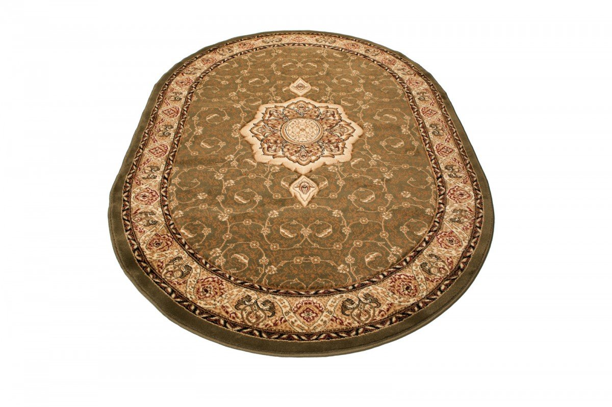 TAPISO Yesemek Ovale Tapis de Salon Chambre Design Traditionnel Vert Beige Médaillon Fleures Feuilles 70 x 140 cm