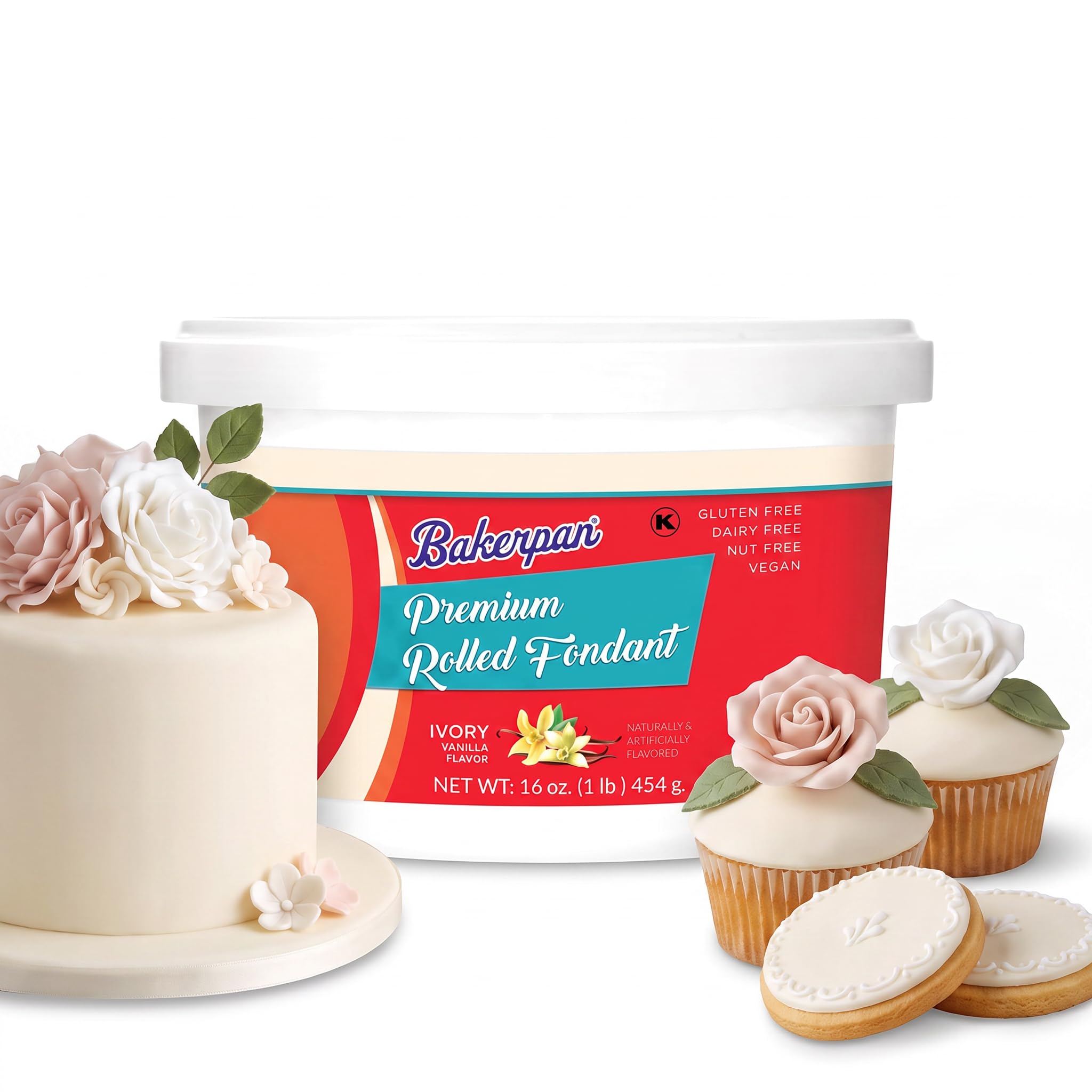 Bakerpan Premium Rolled Ivory Fondant for Cake Decorating - 1 Pound, Vanilla Flavor