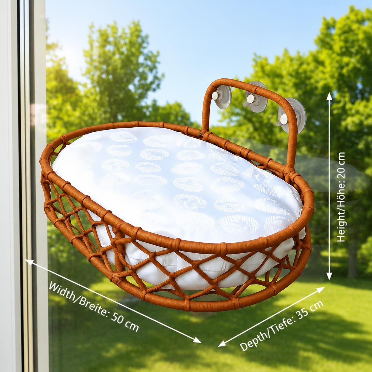 Tumbona para gatos con ventosas, hamaca trenzada a mano para ventanas y cristal, acogedor lugar de descanso para gatos (marrón)