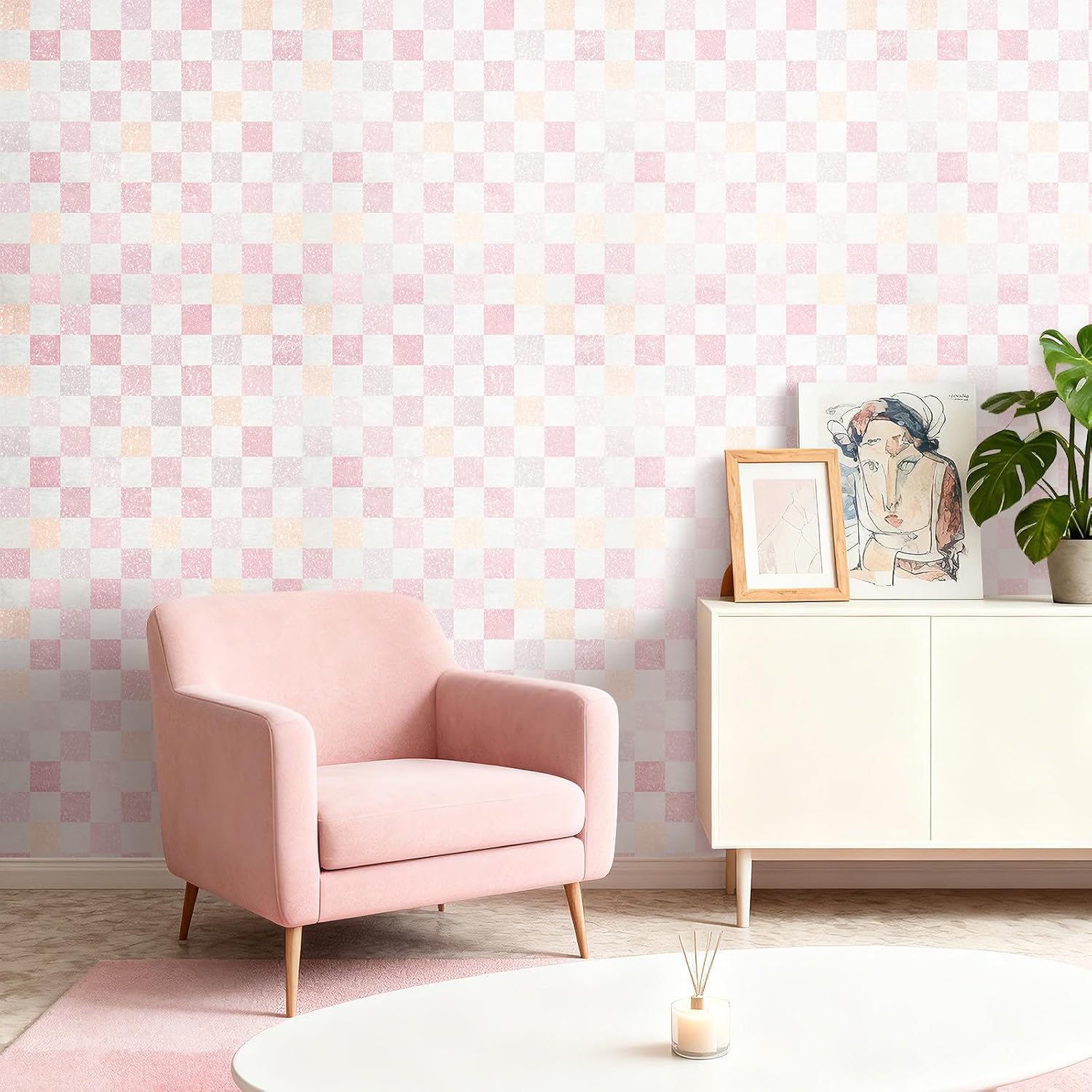 Pastel Checkered Wallpaper Peel and Stick Pink White Purple Yellow Retro Checkered Plaid Wallpaper Prepasted Rolls Geometric Checkerboard Contact Paper for Walls Bedroom Removable 17.5x80