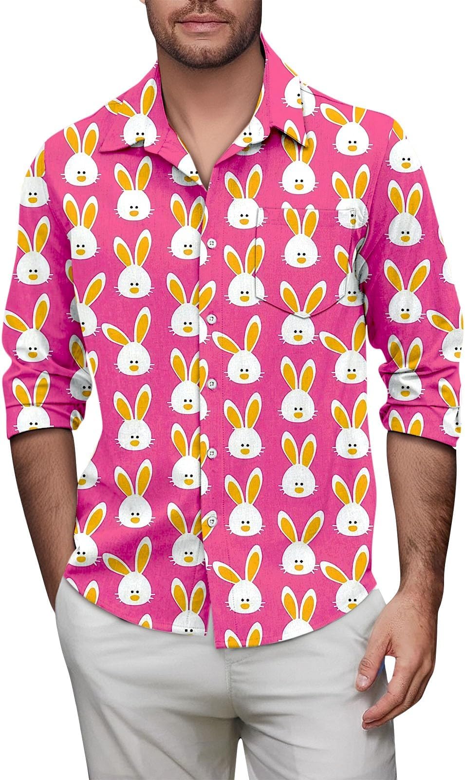 Funny Shirts for Men UK Long Sleeve Solid Colour Easter Printed Shirts Casual Button Down Lapel Collar Shirt Lightweight Breathable Comfortable Tops Regular Fit Trendy Holiday Shirt for Spring Summer