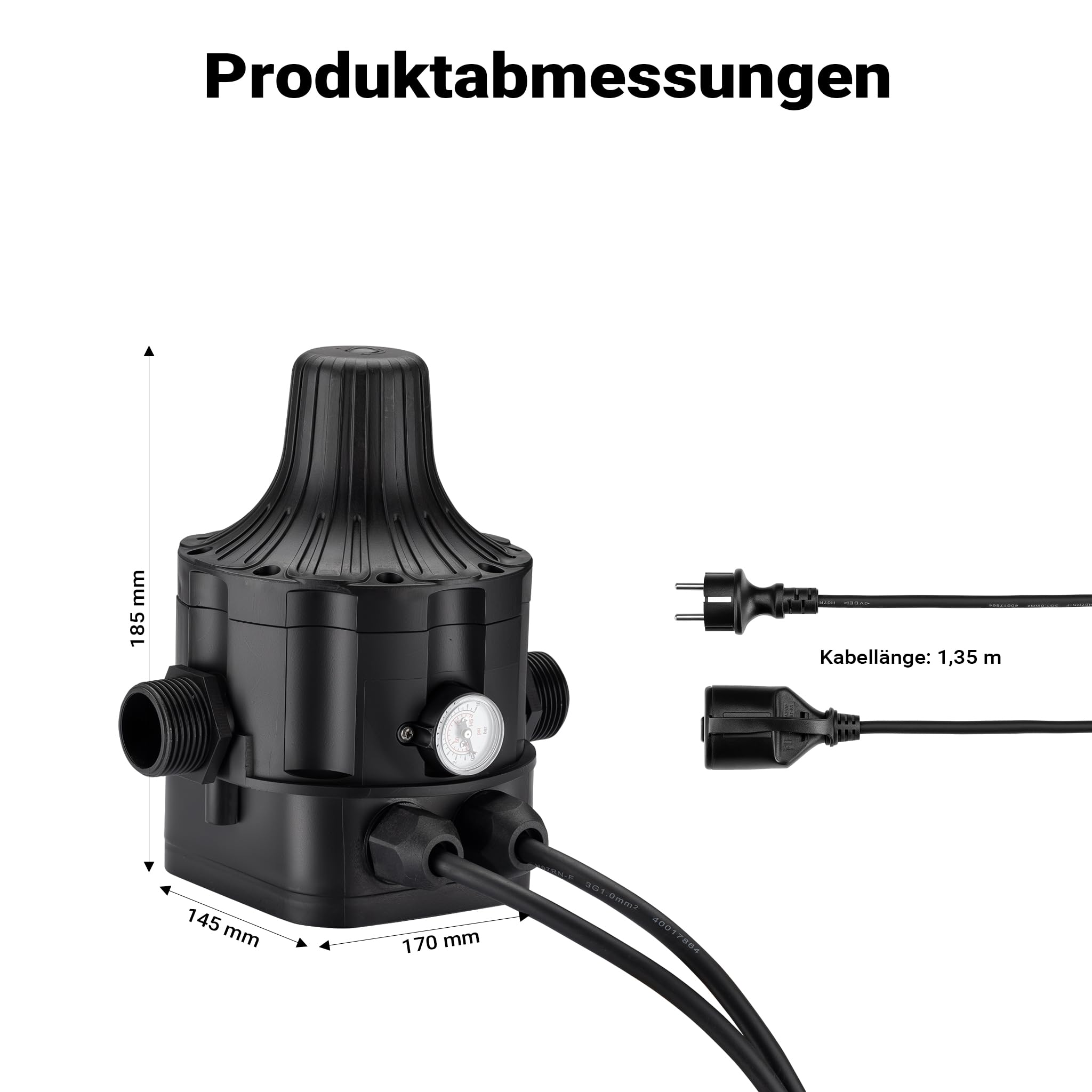 Wiltec Druckschalter mit Kabel EPC-5 230V 1-phasig bis 10 bar, Druckwächter mit Trockenlaufschutz für Hauswasserwerke und Pumpen, zuverlässige Pumpensteuerung