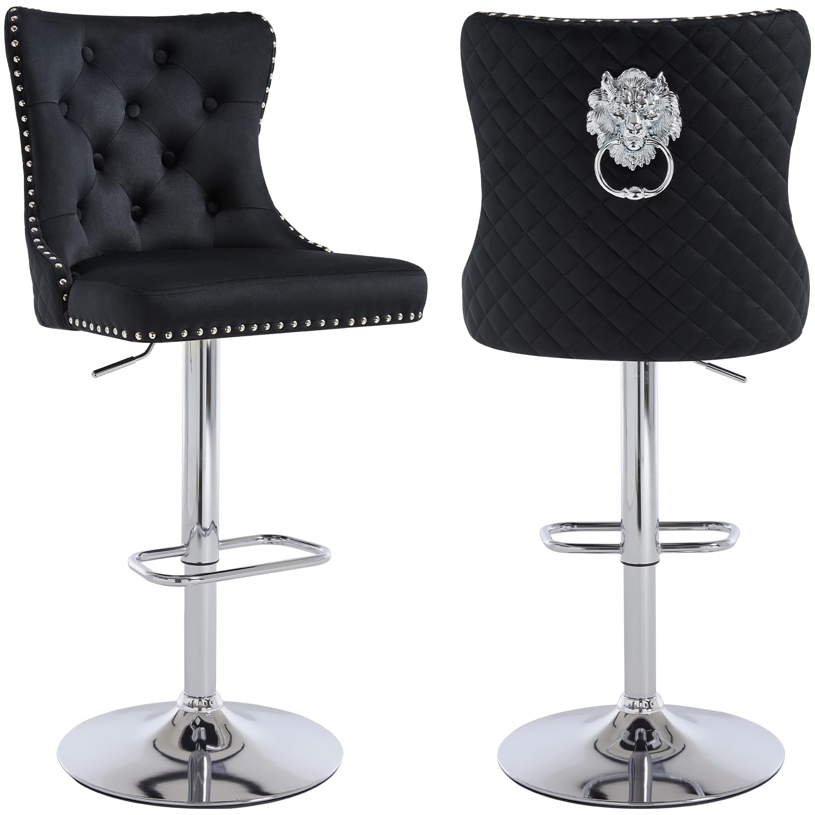 Orirsnug Bar Stools Set of 2, Height Adjustable Velvet Breakfast Bar Stool, Counter Modern High Chair with Lion Knocker, Suitable for Bars Kitchens and Breakfast Counters, Black