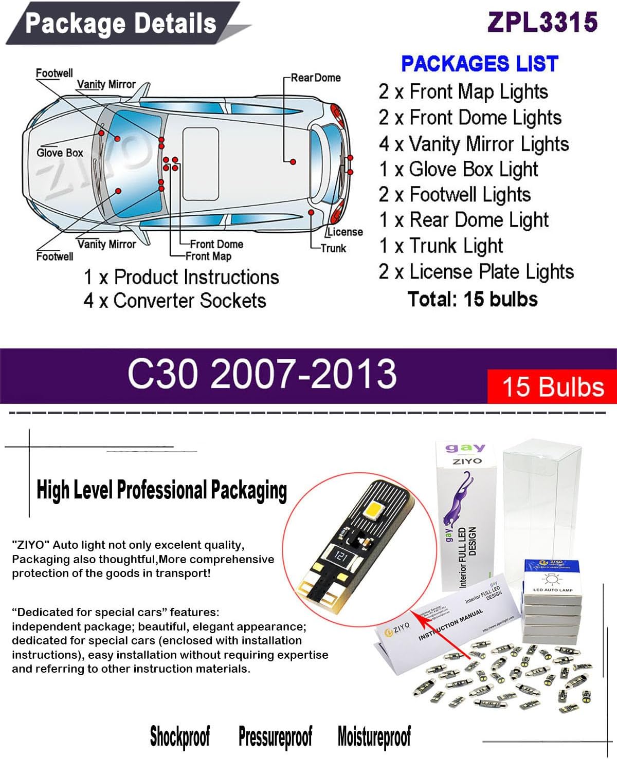 ZIYO LED Interior Light Kit for Volvo C30 2007-2013 Dome Light Bulbs Replacement Package,6000K Xenon White LED Lights Accessories Upgrade Error Free (15 Bulbs)