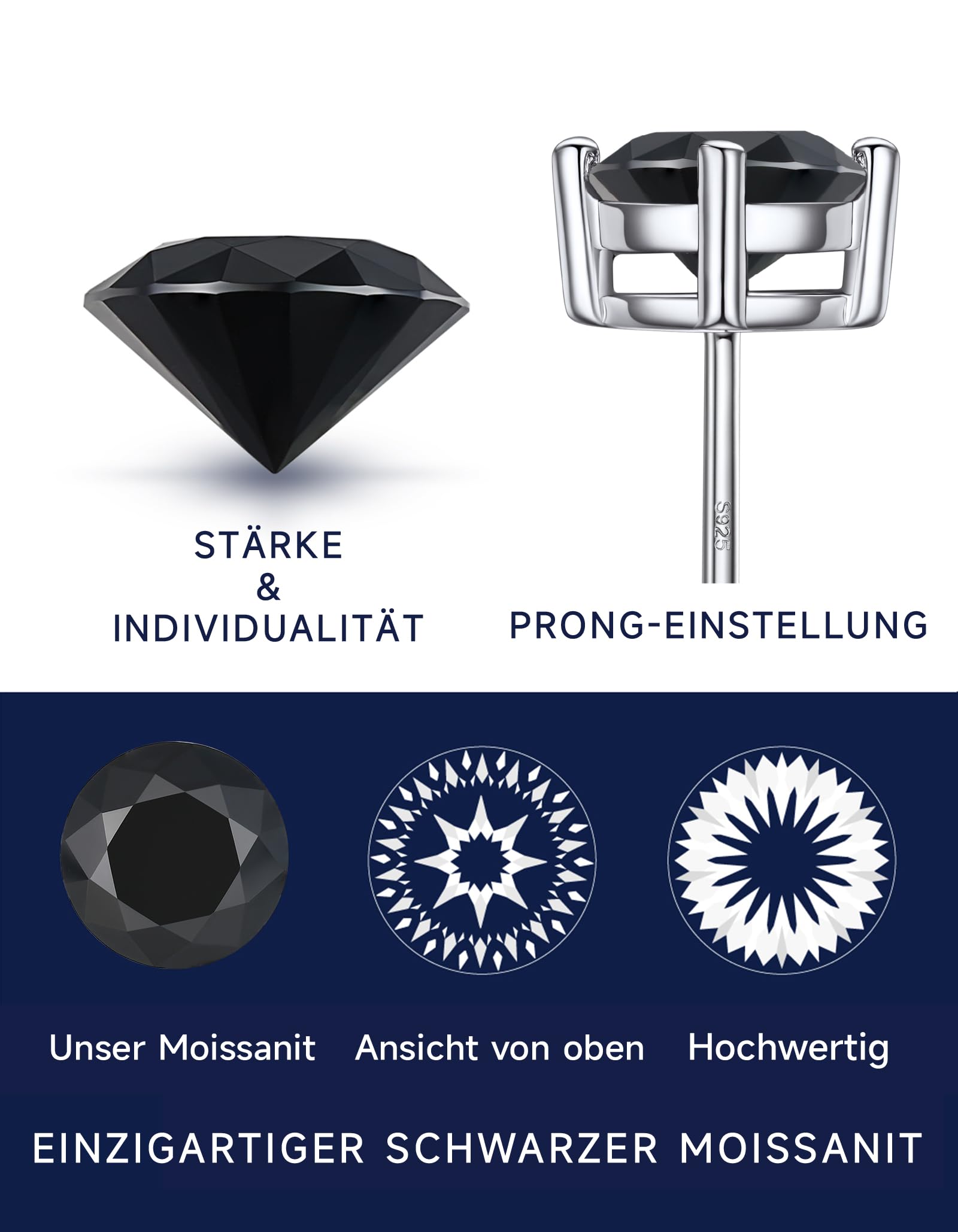 MomentWish Schwarze Moissanite Ohrstecker, 1-2 Karat Ohrringe Schwarz Herren Damen 925 Sterling Silber Simulierter Diamant Ohrring Solitär Ohrschmuck Geschenk für ihn 5/5.5/6.5mm