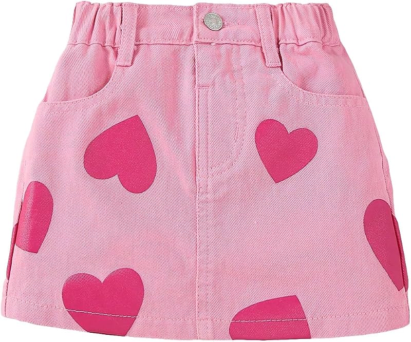 pollera de mezclilla de cintura alta con cintura elástica y estampado de corazones para niña