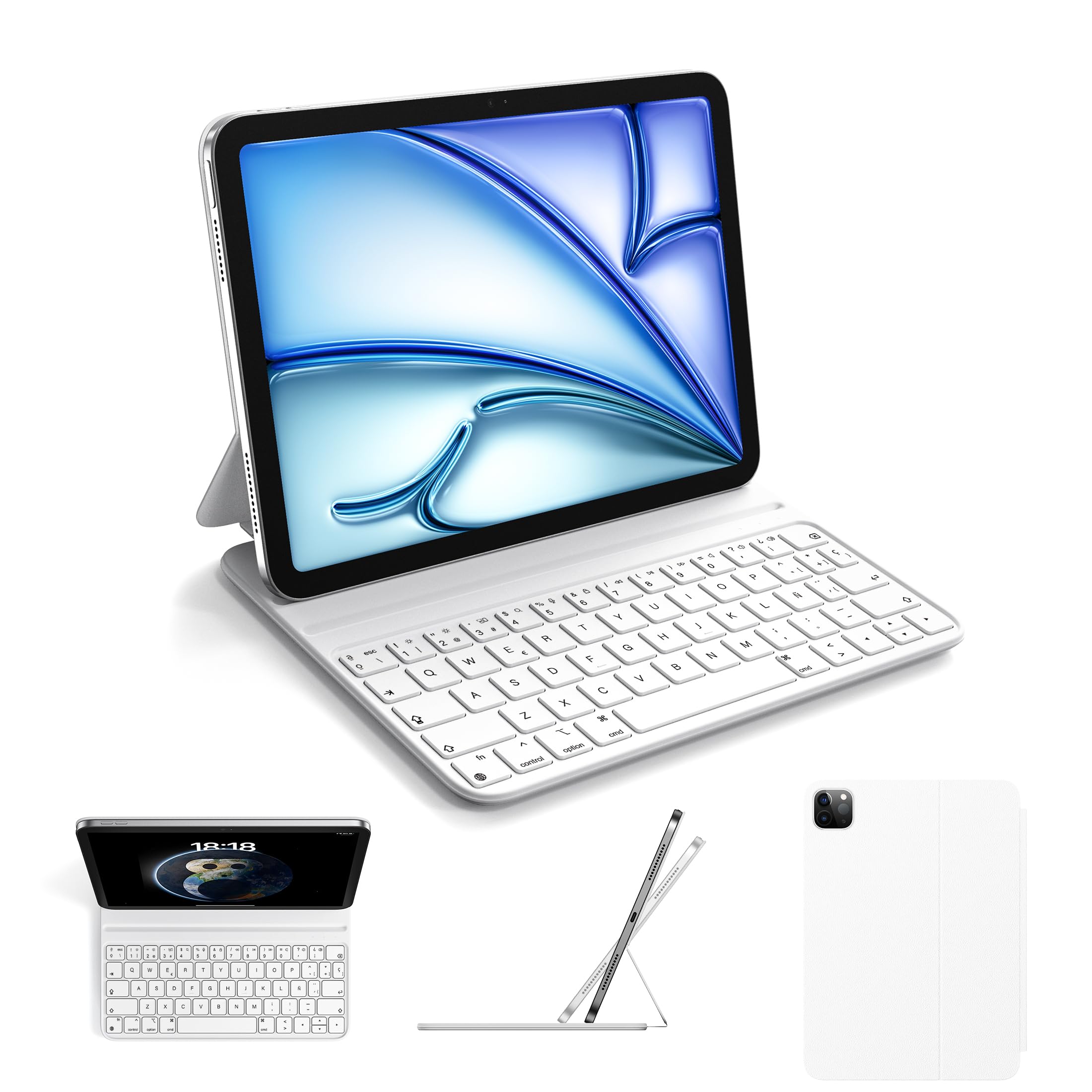 HOU Teclado Delgado para iPad Air 6/5/4/Pro 11, Air 11"(M3/M2, 2025/2024), Funda de Imitación de Cuero con Teclado, Ángulo Ergonómico, Diseño del Idioma Español Ñ, Blanco
