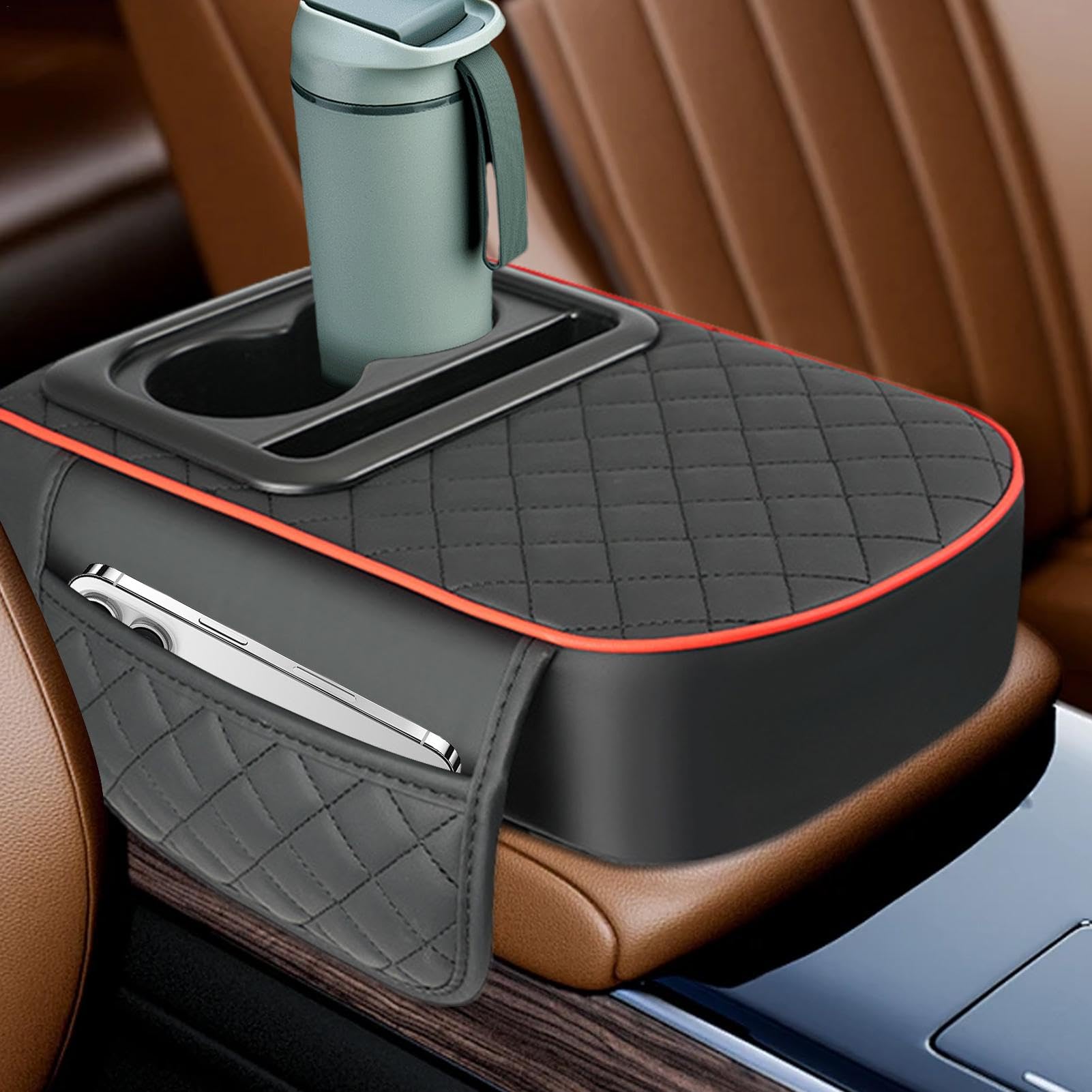 Coussin de console centrale, coussin d'accoudoir de voiture,Coussin de housse de console centrale - Boîte d'accoudoir rehausseur de voiture avec porte-gobelet, oreiller d'accoudoir pour voiture, SUV