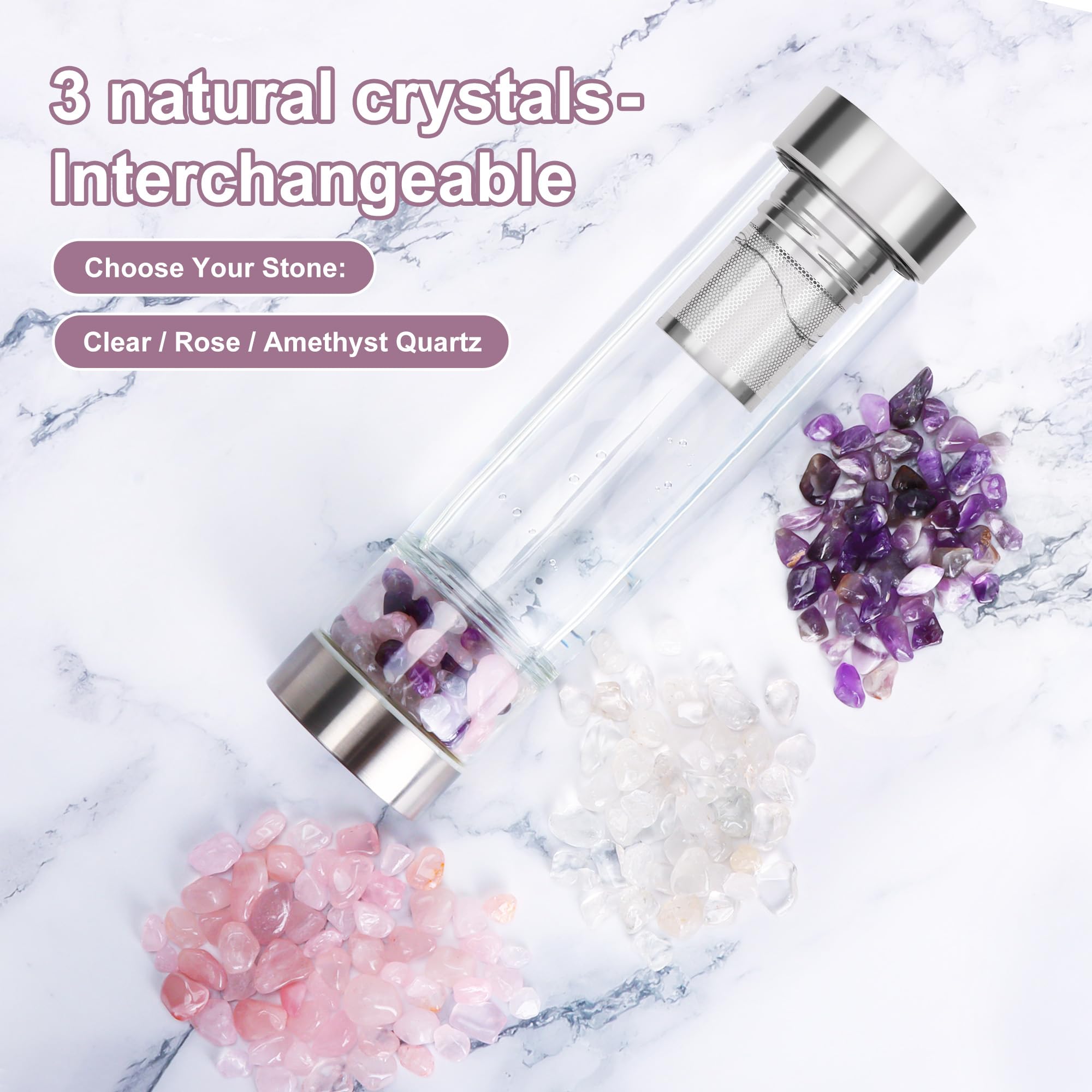 Bouteille d'eau en cristal avec infuseur à thé en cristal et cristaux de quartz rose amovibles, pierres précieuses réutilisables, 500 ml