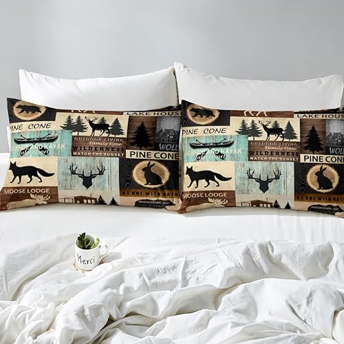 Miniatura 5 de Sábana bajera ajustable de animales de caza, diseño rústico, oso zorro, ciervo, alce, juego de sábanas de pesca para casa de campo, cabaña, casa de