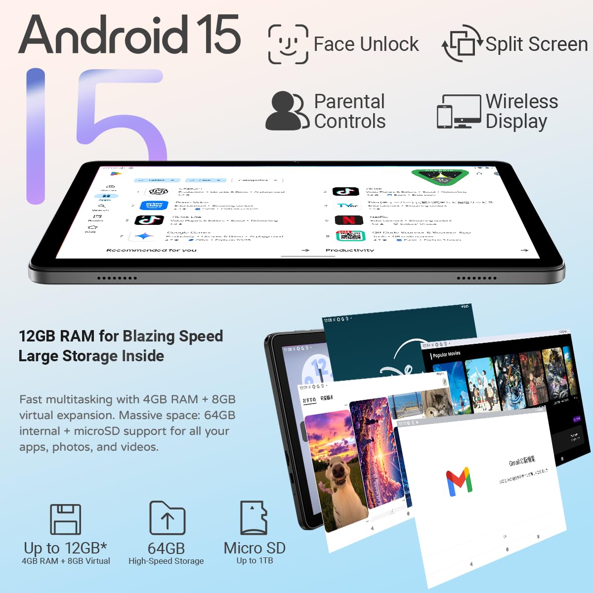 Android 15 Tablet 10 inch, 12GB RAM, 64GB ROM, 1TB Expandable