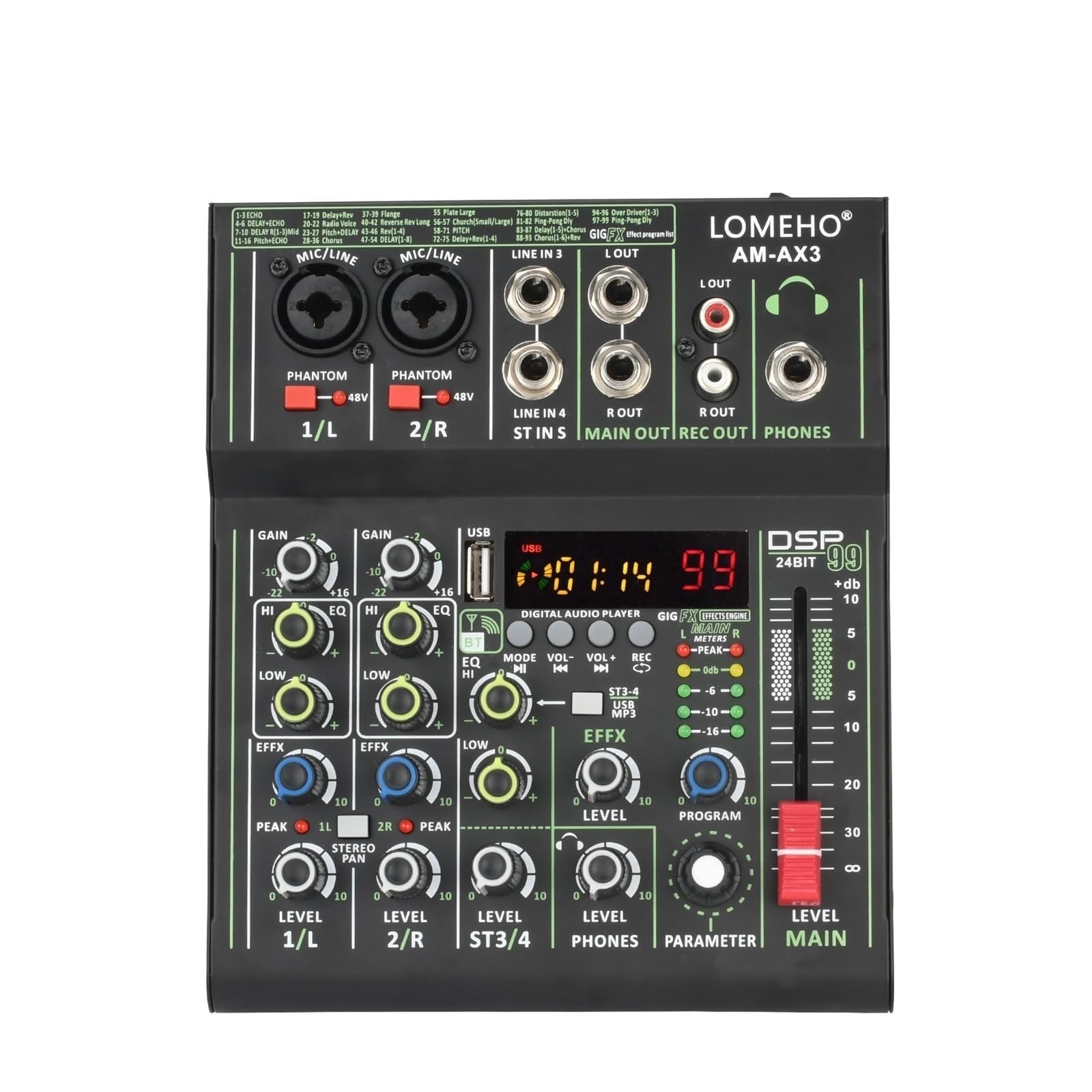 Mikser audio, Mikser 4-kanałowy Indywidualny +48V Phantom Power 99 Efektów DSP USB Komputer Odtwarzanie Nagrywanie Konsola miksująca do karaoke w studiu