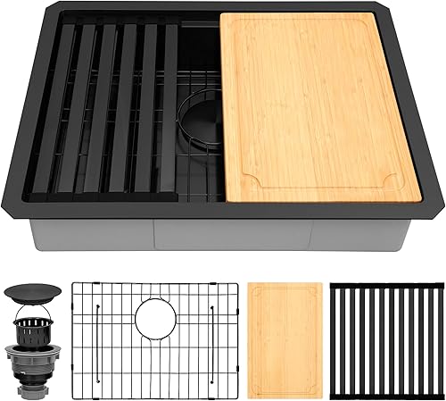 Miniatura 122 de Fregadero de cocina negro de 33 pulgadas, fregadero de acero inoxidable calibre 16, fregadero de estación de trabajo de un solo tazón con reborde