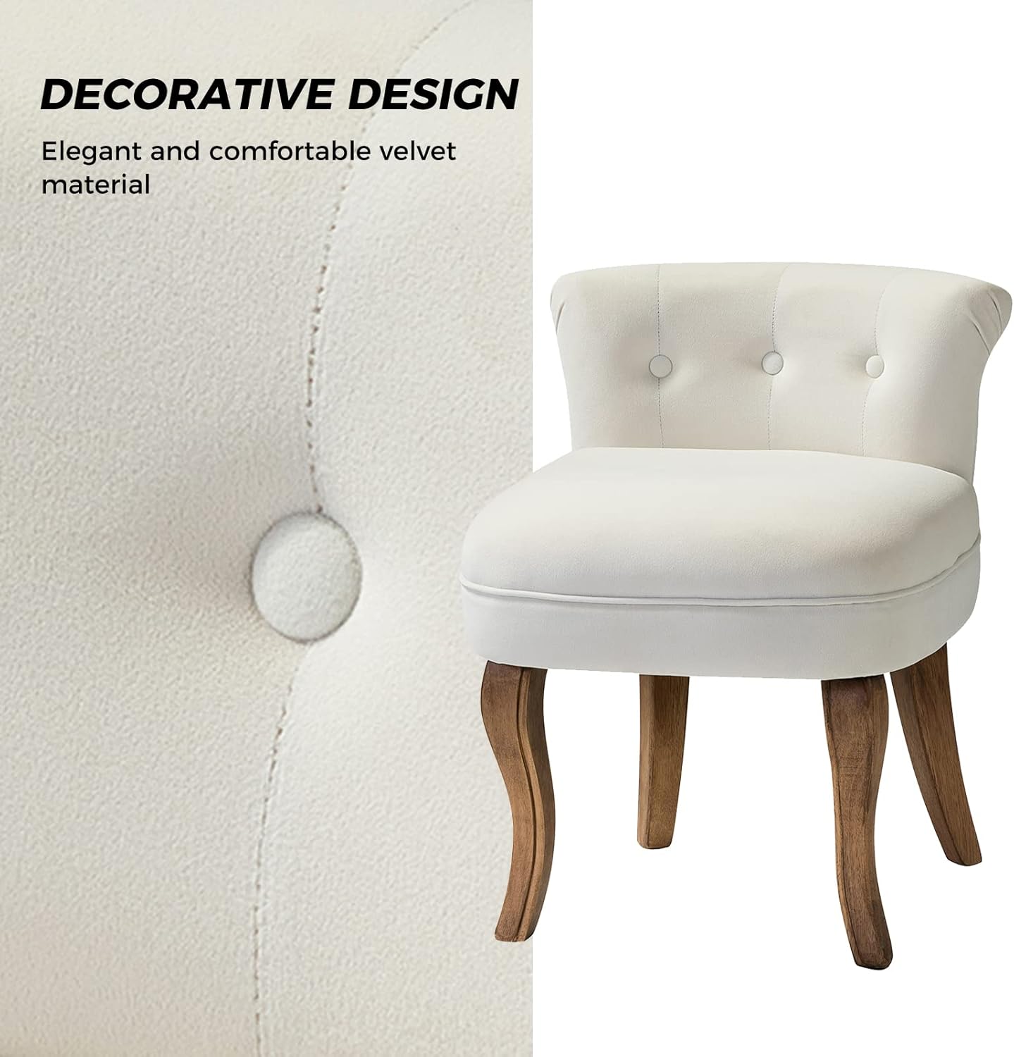 HULALA HOME Velvet Vanity Stool with Low Back, Modern Vanity Chair with Solid Wood Legs, Small Upholstered Makeup Chair Home Decor for Bedroom Living Room Dressing Table, Women Girls, Ivory