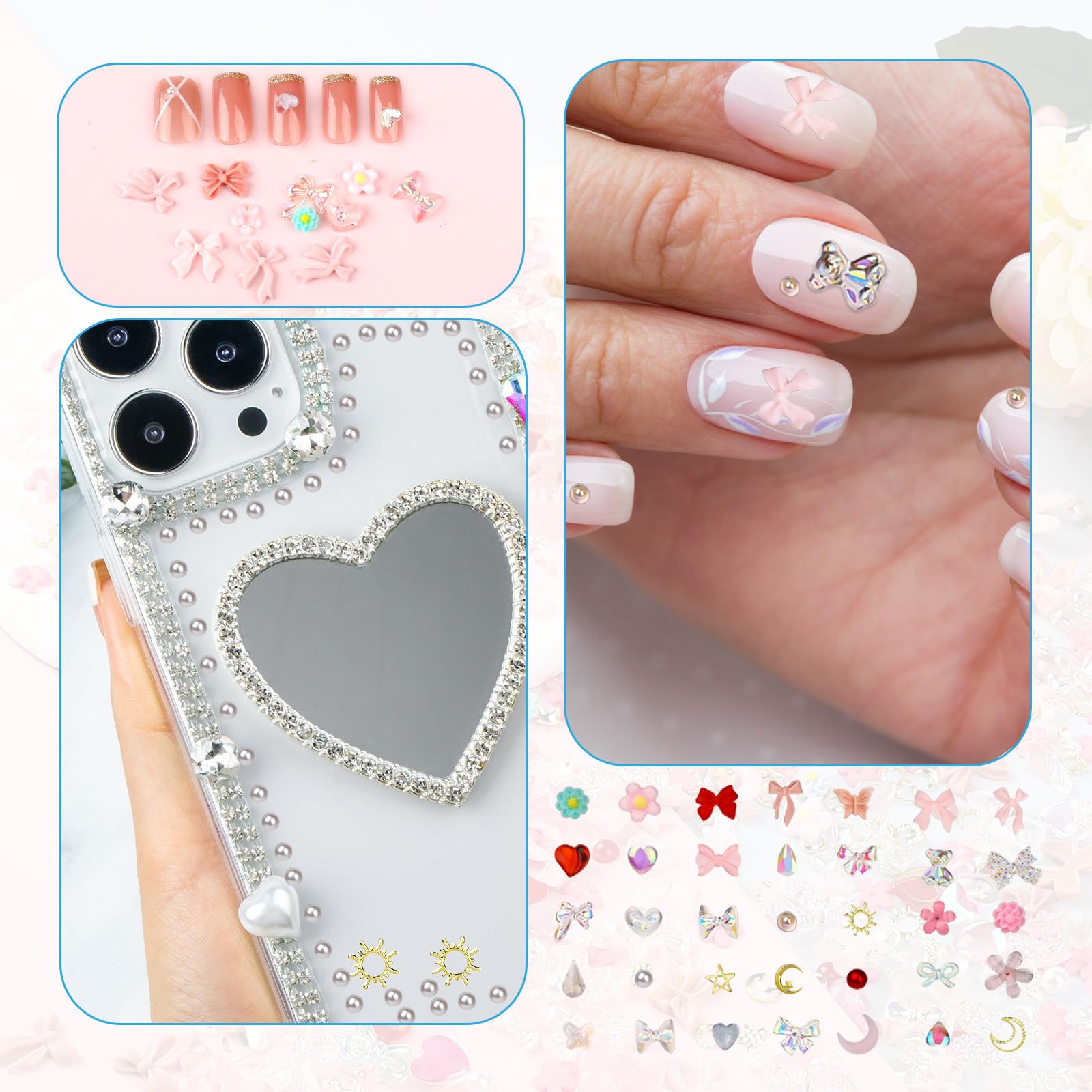 Bewudy Zestaw 500 sztuk ozdób do paznokci, dekoracja 3D, sztuczna żywica, śliczne akcesoria do manicure, kwiaty, kokardki, serca, do dekoracji paznokci, DIY (różowe), 560715_2_7ZHX175TZ