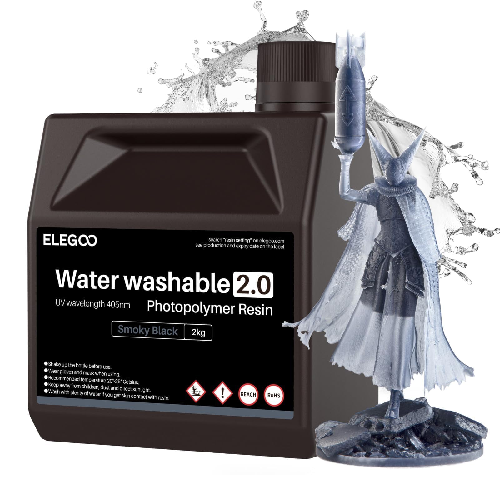 ELEGOO Water Washable Resin 2.0, 405nm UV-Curing 3D Printer Resin with Lower Viscosity, Higher Toughness, Compatible with Saturn Mars Jupiter MSLA DLP