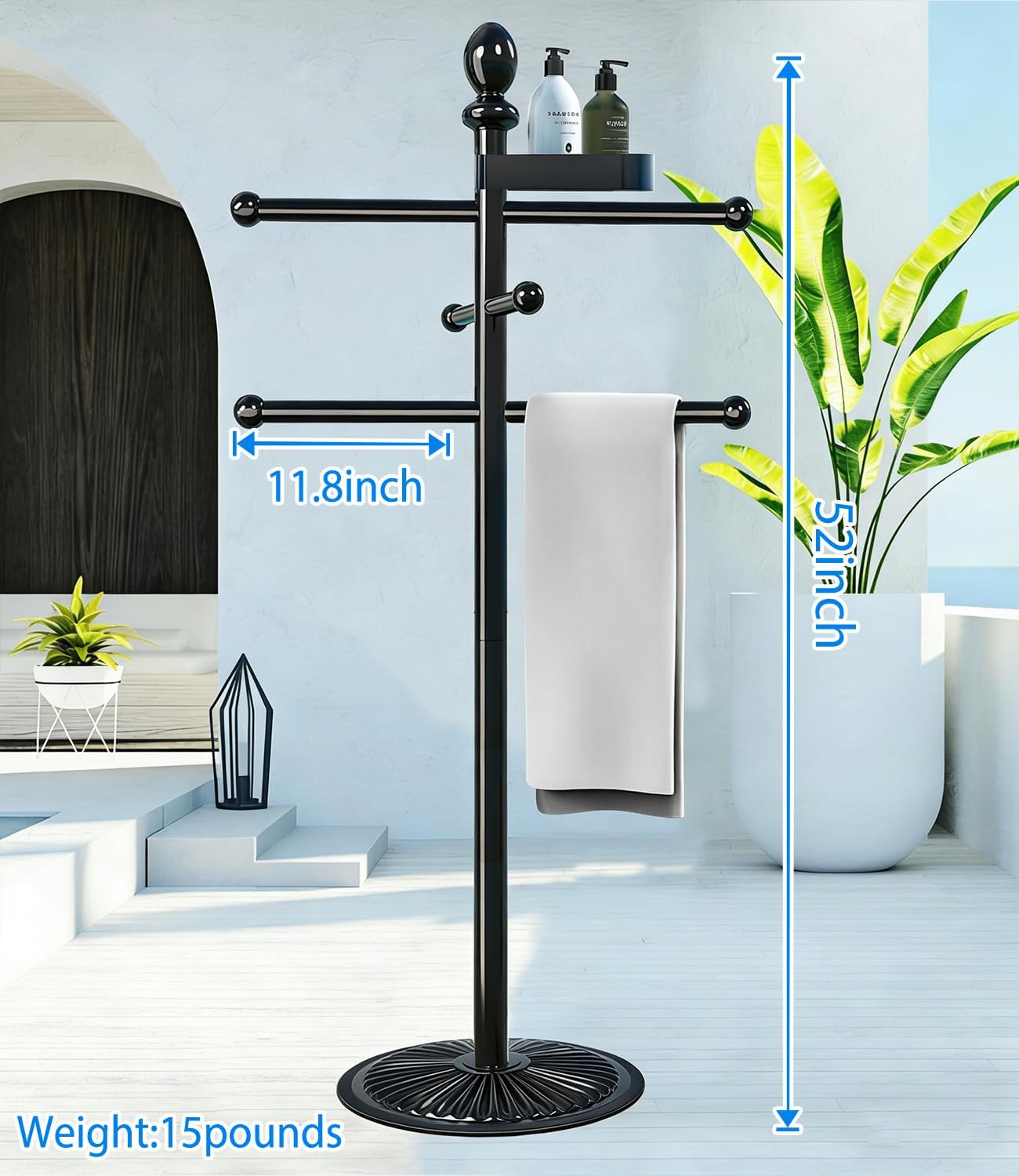 Pool Outdoor Towel Rack, Metal Heavy Duty Never Tilt Pool Accessories with Heavy Metal Base, 6 Bars Hot Tub Accessories Towel Dying Rack Towel Stand for Pool, Spa