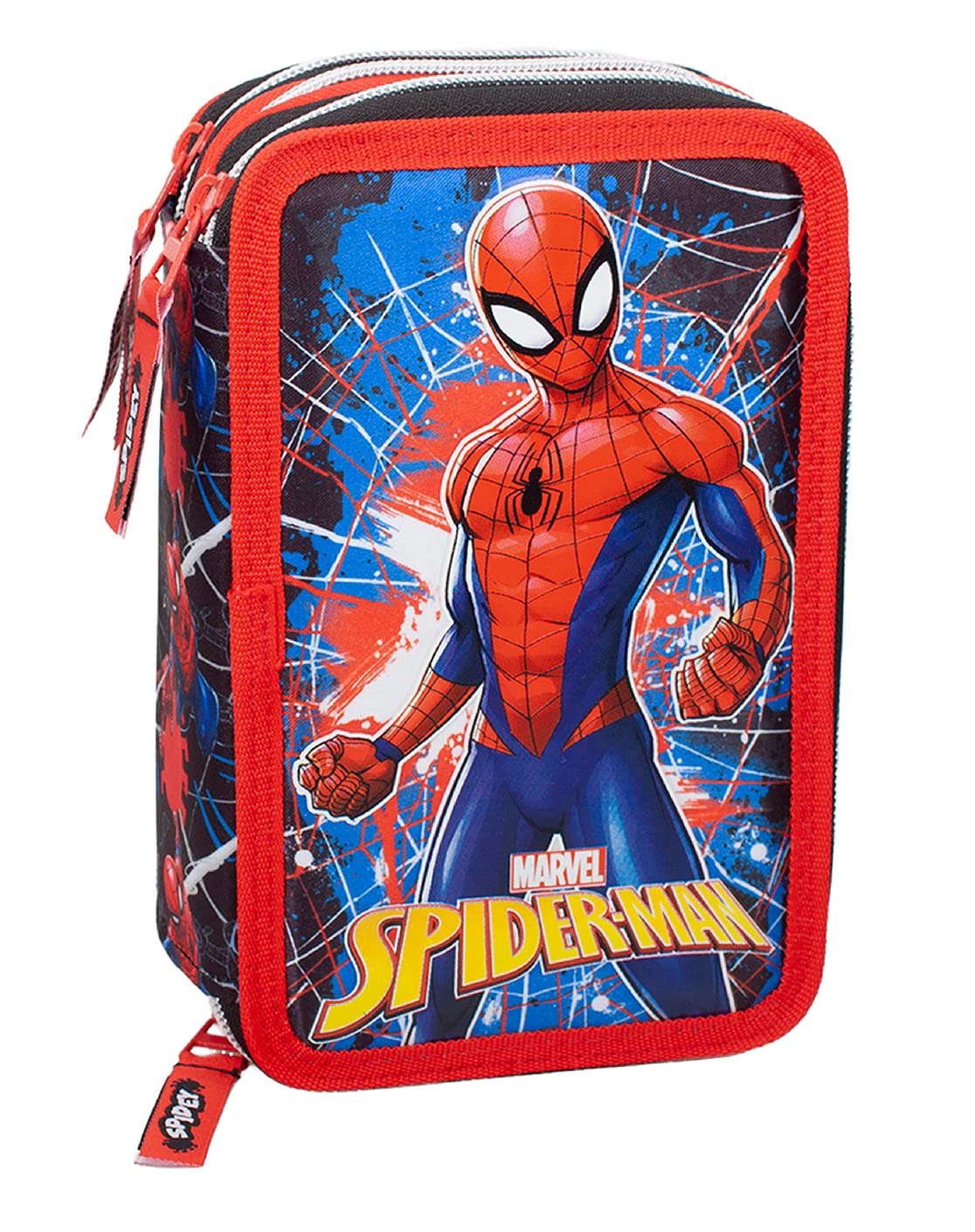 L'ERBAVOGLIO Estuche escolar de 3 cremalleras original con 44 piezas, Spiderman (Rojo/Negro), Portalápices para niños