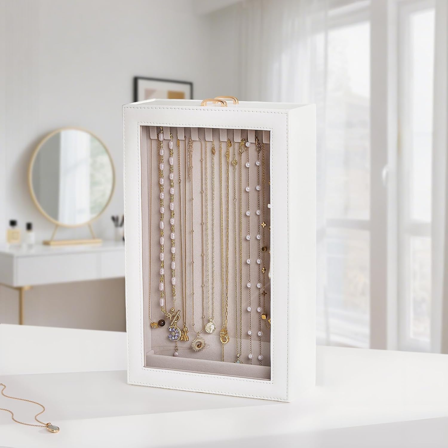 Lolalet Necklace Organizer Box, 2-Layer Jewelry Storage Boxes with Clear Lid for Necklaces, Tangle-Free Necklace Display Case for Women Girls -White - Image 6