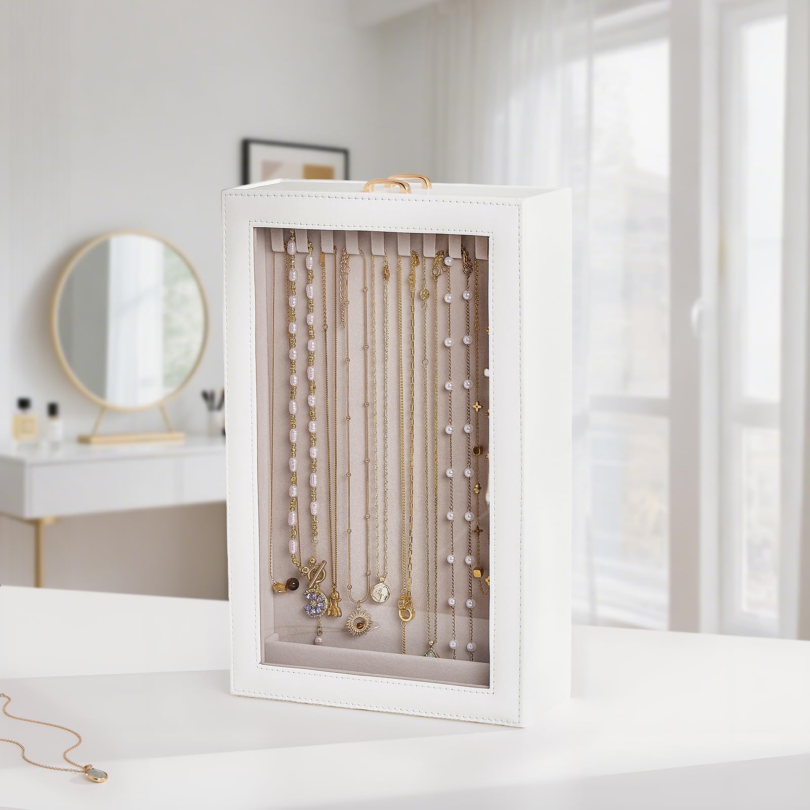Lolalet Organizador de Collares Vertical，Caja para Collares con 2 Cajones Extraíbles,2 Capas y 20 Ganchos,Almacenamiento Antienredos para Collares,Pulseras y Accesorios,Ocupa Poco Espacio-Blanco