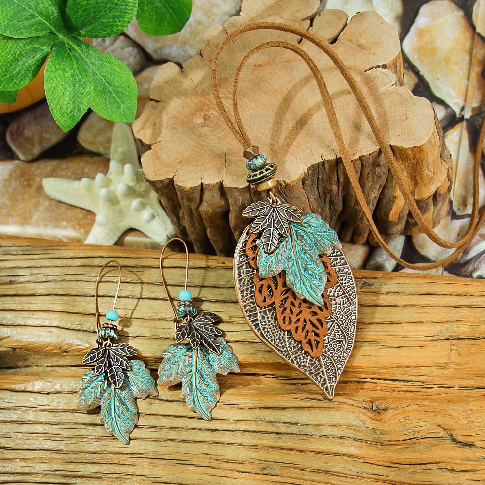 Wooden Leather Necklaces Set Bohemian Wood Stack Discs Long Chain Hemp Rope Bronze Plated Pendant Ethnic Tribal Fall Leaf Earrings Jewelry Statement Necklace - Image 2