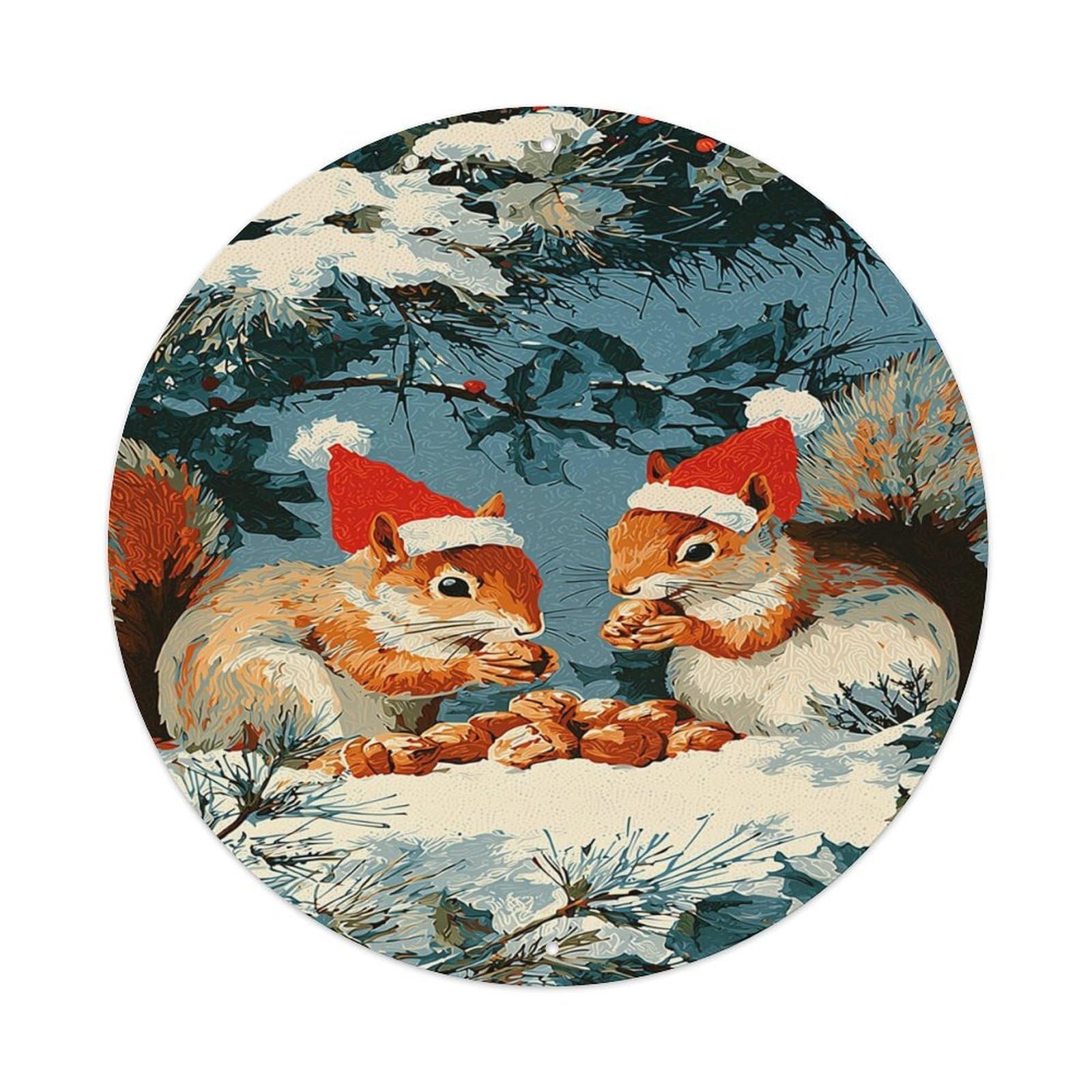 Jdyaojiesheng Vintage Two Squirrels Wearing Santa Hats Round Tin Sign Retro Metal Wall Decor Metal Poster, Home Bar Garage Farmhouse Cafe Wall Art Decoration 8X8inch