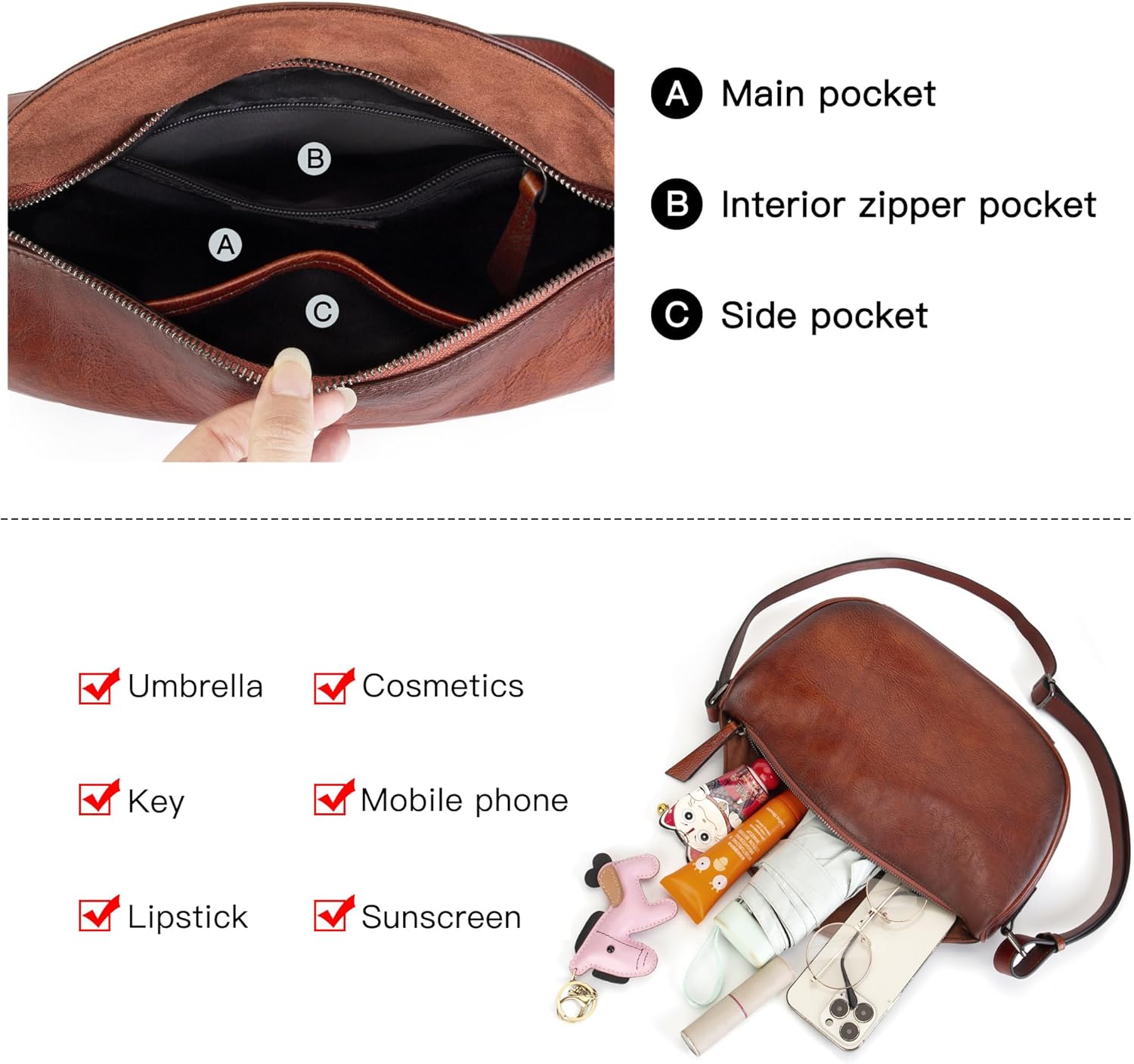 Leather Crossbody Bag Purse for Women Men Crescent Shoulder Bag Medium Cross Body Dumpling Bag Half Moon Adjustable - Image 4