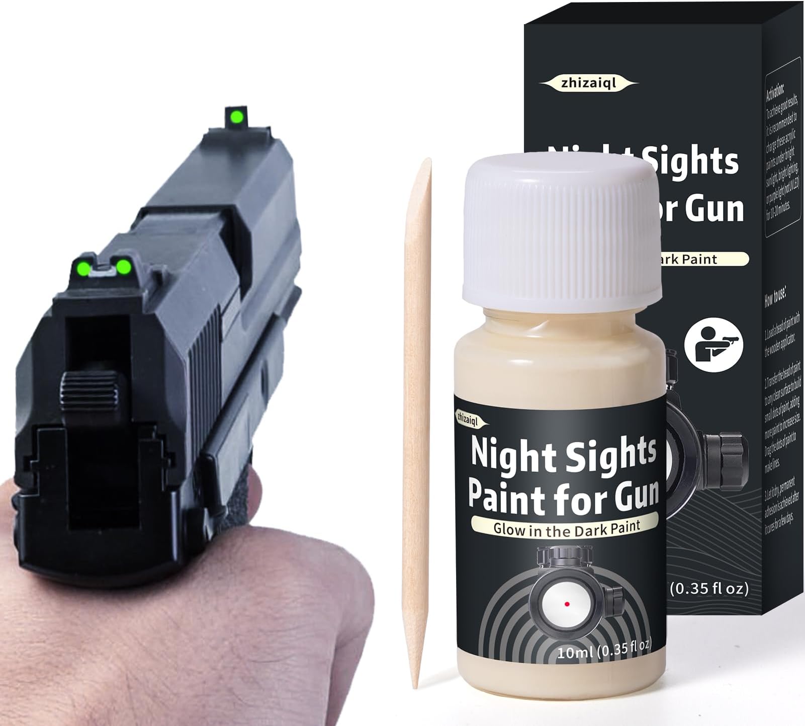 Gun Night Sights Paint, Tritium Paint for Gun Sights, Green Glow in The Dark Paint for Gun, Sight Paint for Handguns with Bright and Long Lasting Glow(White)