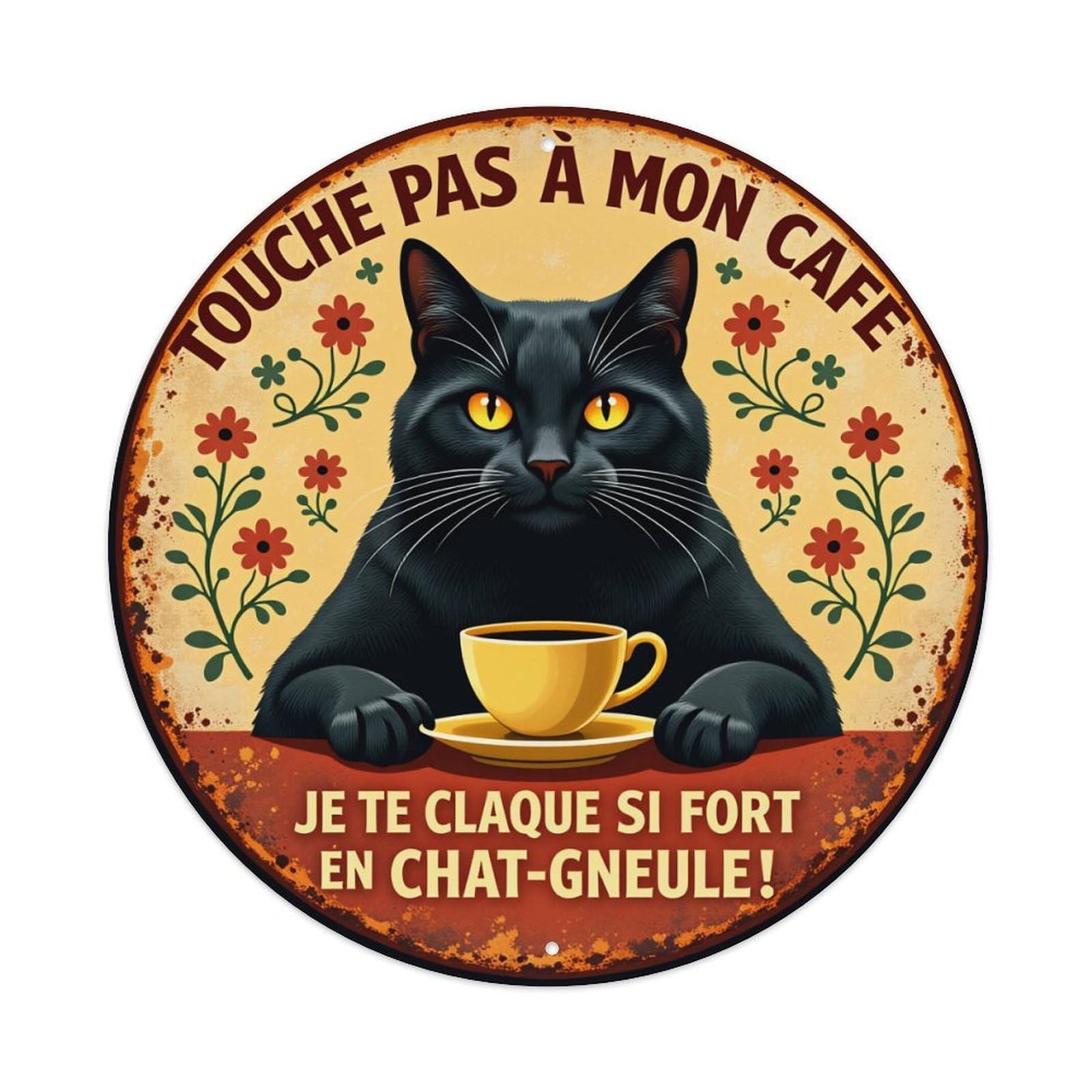 Black Cat Coffee Cup Flowers Round Tin Sign Vintage Style Metal Sign Home Bar Garden Wall Plaque Decor Metal Poster 8x8 Inch