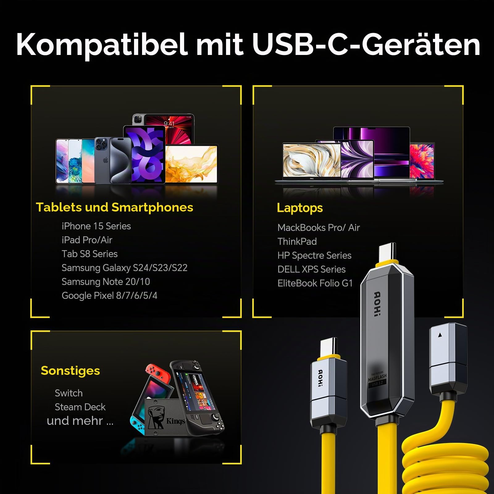 AOHI 240W PD3.1 Kabel, 3.3m USB C Schnellladekabel Ladekabel Kompatibel mit MacBook, SSD, Dock, Goldgelb