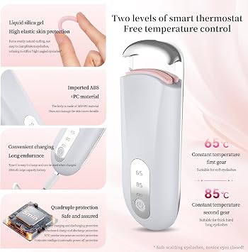 Heated Eyelash Curler for Natural Lashes 2 Level Adjustable Temperature Mini Electric Lash Curler Fast 3 Second Heat Up 24 Hours Long Lasting Curl (WhiteBlue)