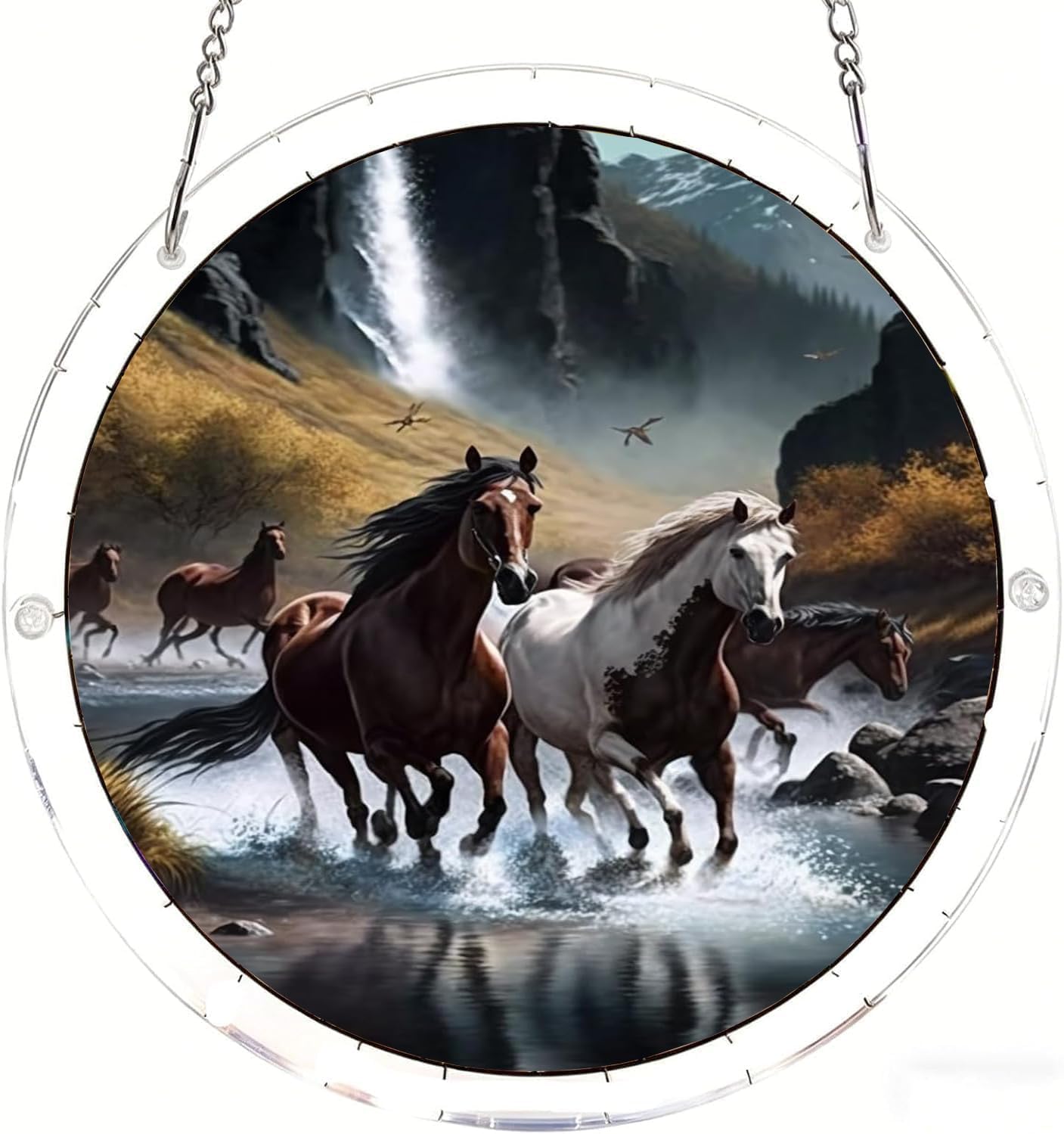 Landscaped Horse Relaxing Acrylic Jigsaw Puzzles Suncatcher, 8.9 Inch Window Hanging Suncatcher Acrylic Puzzle, DIY Home Decor Art Gift