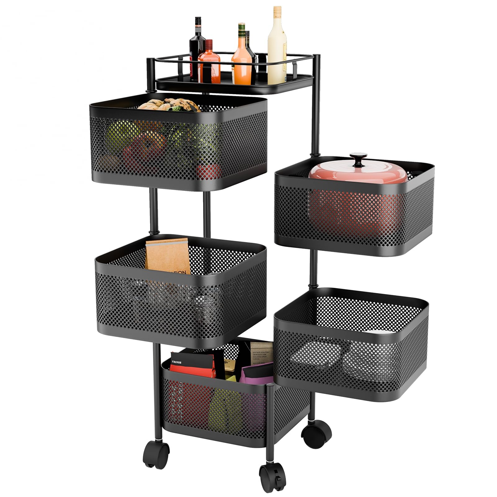 Keukentrolley Opbergkar Ronde Roterende Rolwagen Met Wielen Metalen Trolley Keukenopbergrek Trolleyrek Voor Groenten En Fruit Opbergwagen Op Wielen (Color : Bianco, Size : 5 Tier