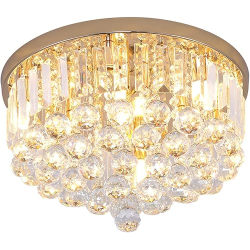 Mini Crystal Chandelier Ceiling Light,Flush Mount Modern Round K9 Crystal Raindrop Ceiling Lighting Fixture for Dining Room Bedroom Hallway Height 11''x Width 16''(French Gold)