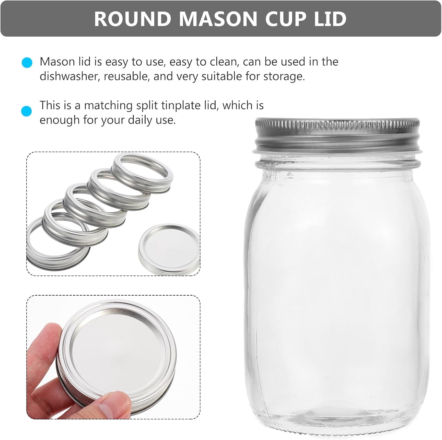 Artibetter 50pcs Tinplate Split-type Regular Mouth Mason Jar Lids 70mm Silver Rings with Sealing Covers for Home Canning and Food Storage
