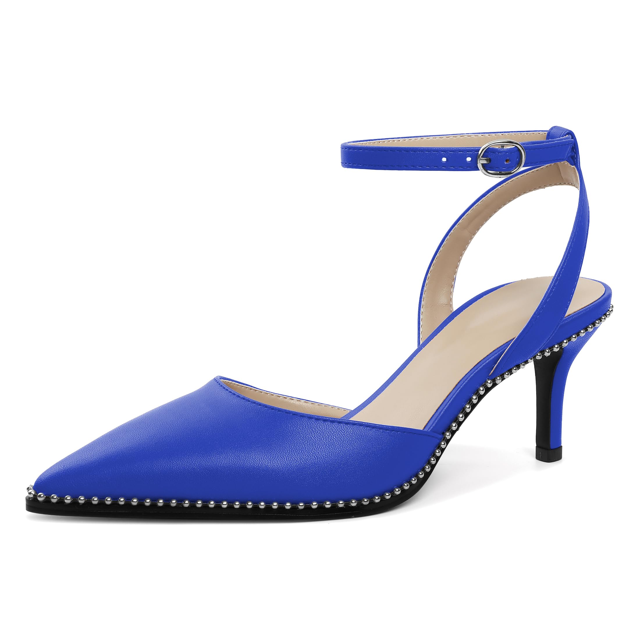 SAMMITOP Kitten Heels for Women Low Heel Closed Toe Ankle Strap Pumps Wedding Party Beaded Dress Shoes 2.4 Inch