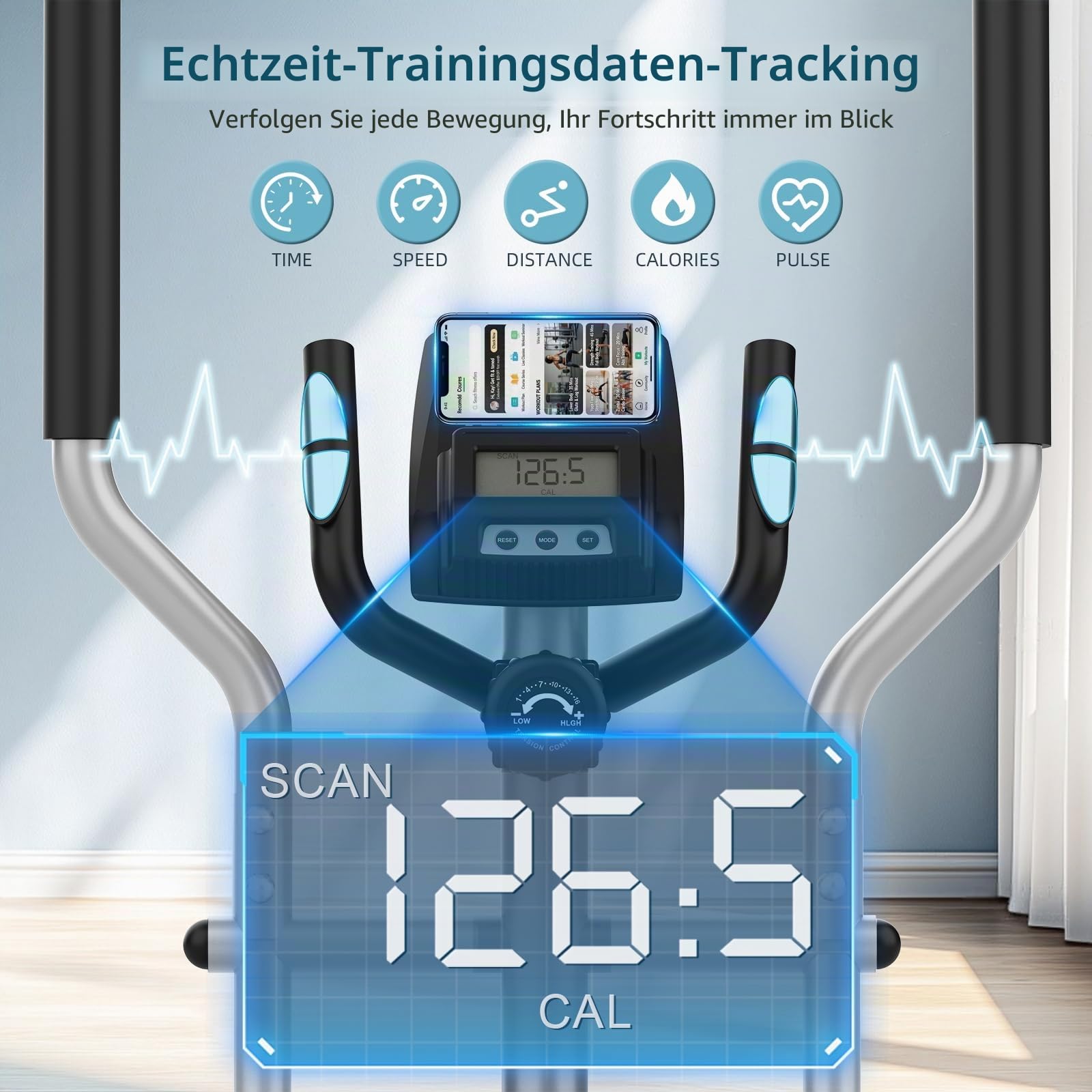 YONISEE Crosstrainer für Zuhause, Leiser Ellipsentrainer mit 16-stufigem Magnetwiderstand, LCD-Display und Bluetooth‑App‑Kompatibilität, Ganzkörper-Fitnessgerät für Heimtraining, Bis 130 kg