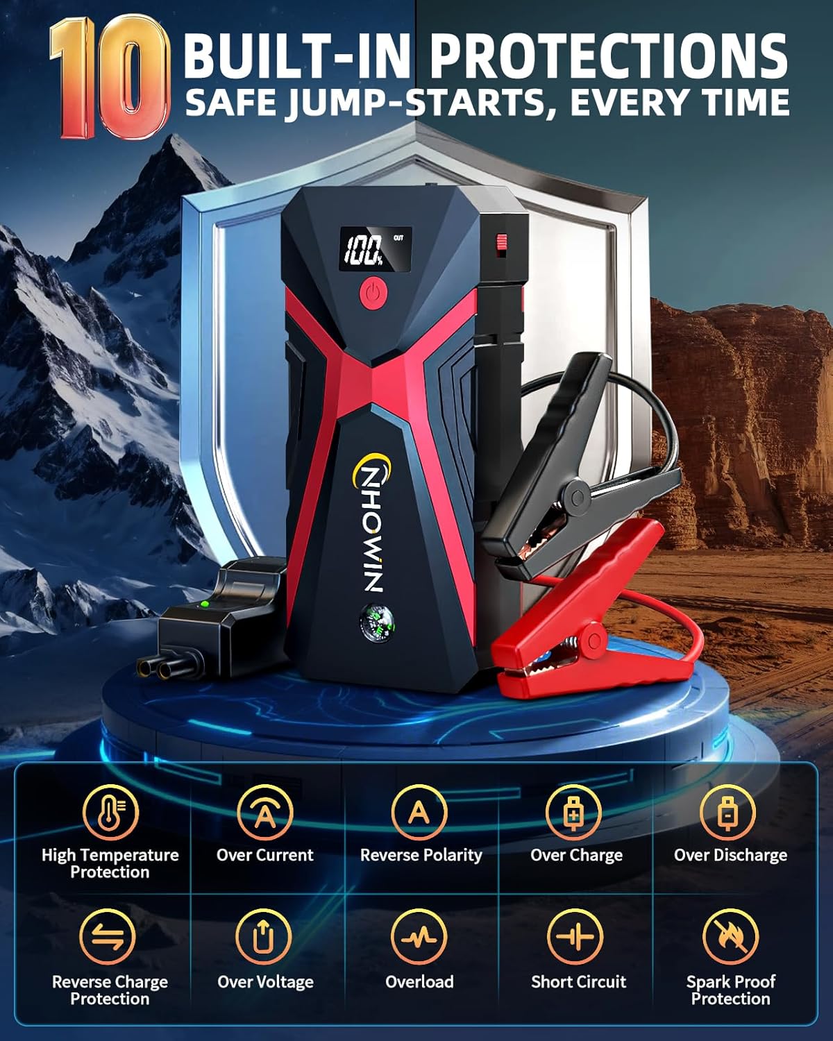 Battery Jumper Starter Portable, 4000A 4 in 1 Function Jump Starter Up to 7.5L Gas & 5.0L Diesel Engines 12V Jump Box for Car Battery with Smart Jumper Cables and LED Flashlight