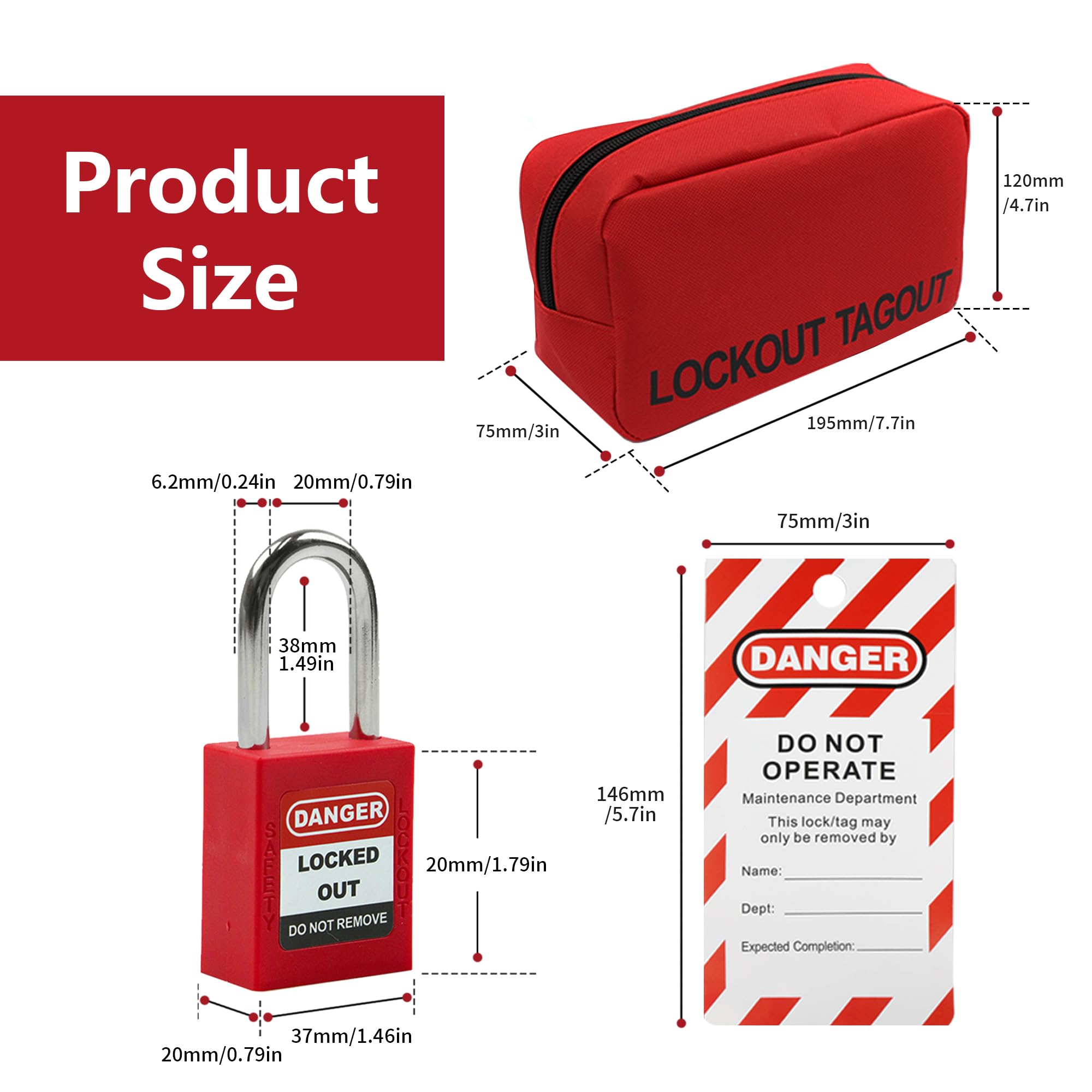 Kit de etiquetado de bloqueo eléctrico de seguridad para grupo Loto con 2 llaves diferentes, 8 etiquetas de etiquetado, 1 hebilla de nailon, 1 bolsa de bolsillo