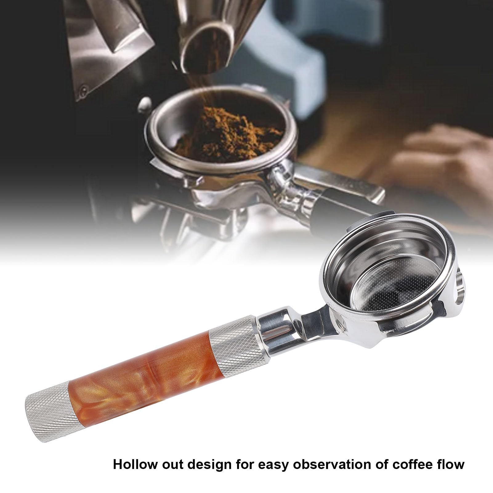 Portafiltro de café de Doble Oreja de Acero Inoxidable E61, Portafiltro de café de Doble Oreja de Acero Inoxidable de Diseño Hueco para Hacer café, con Ergonómico (Marrón ámbar)